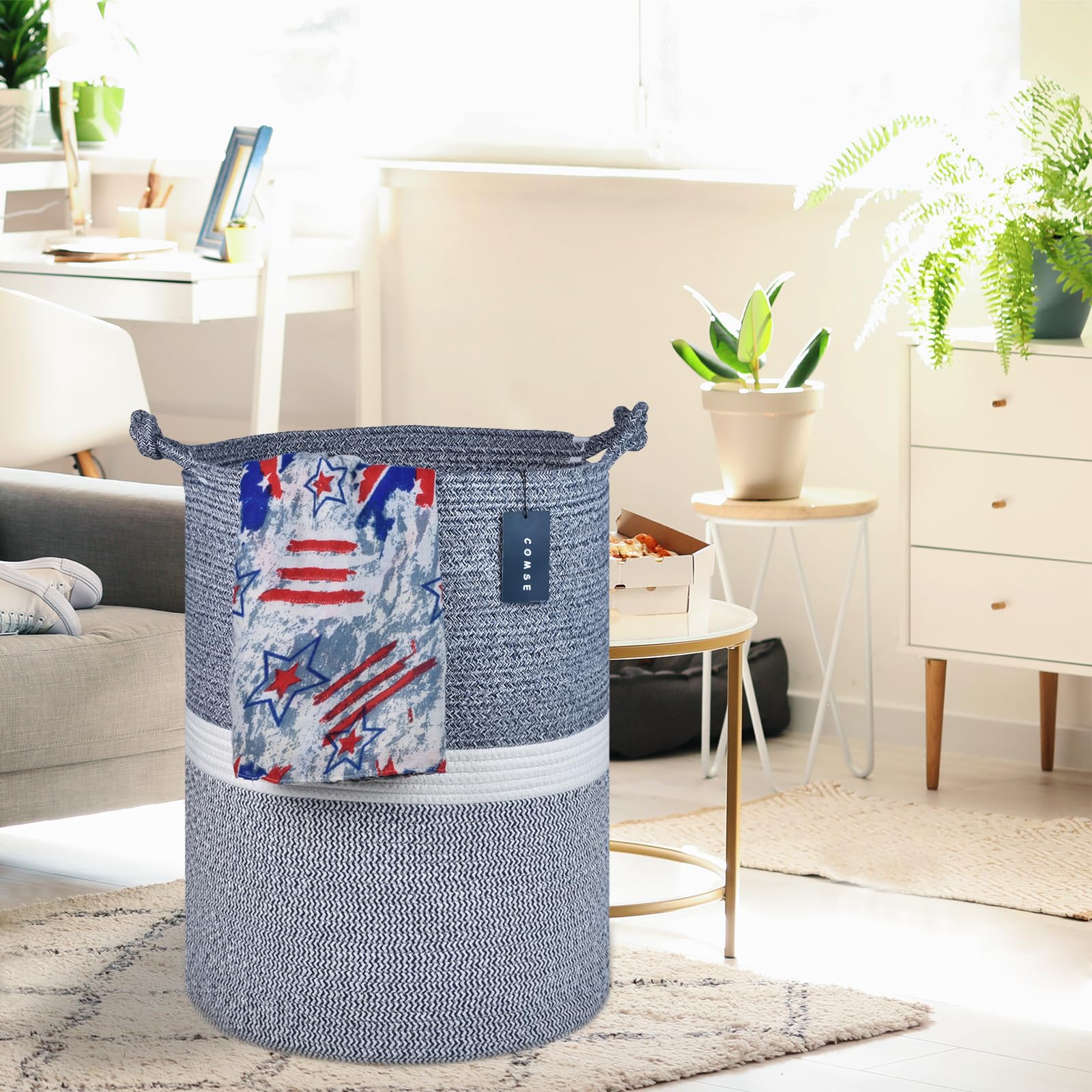 COMSE Cesto In Corda Di Cotone Extra Large – 40x55 Cm, Bianco/cachi, Manici Robusti, Per Coperte, Giocattoli E Biancheria