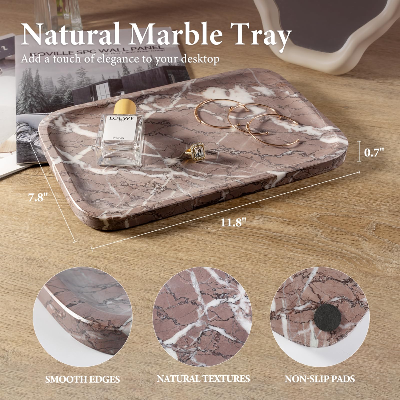 Koville Vassoio in marmo, 30,5 x 20,3 cm, organizer in marmo per piano di lavoro, bagno, cucina, comò, piatto decorativo rettangolare per gioielli per cosmetici, profumi e gingilli (viola)