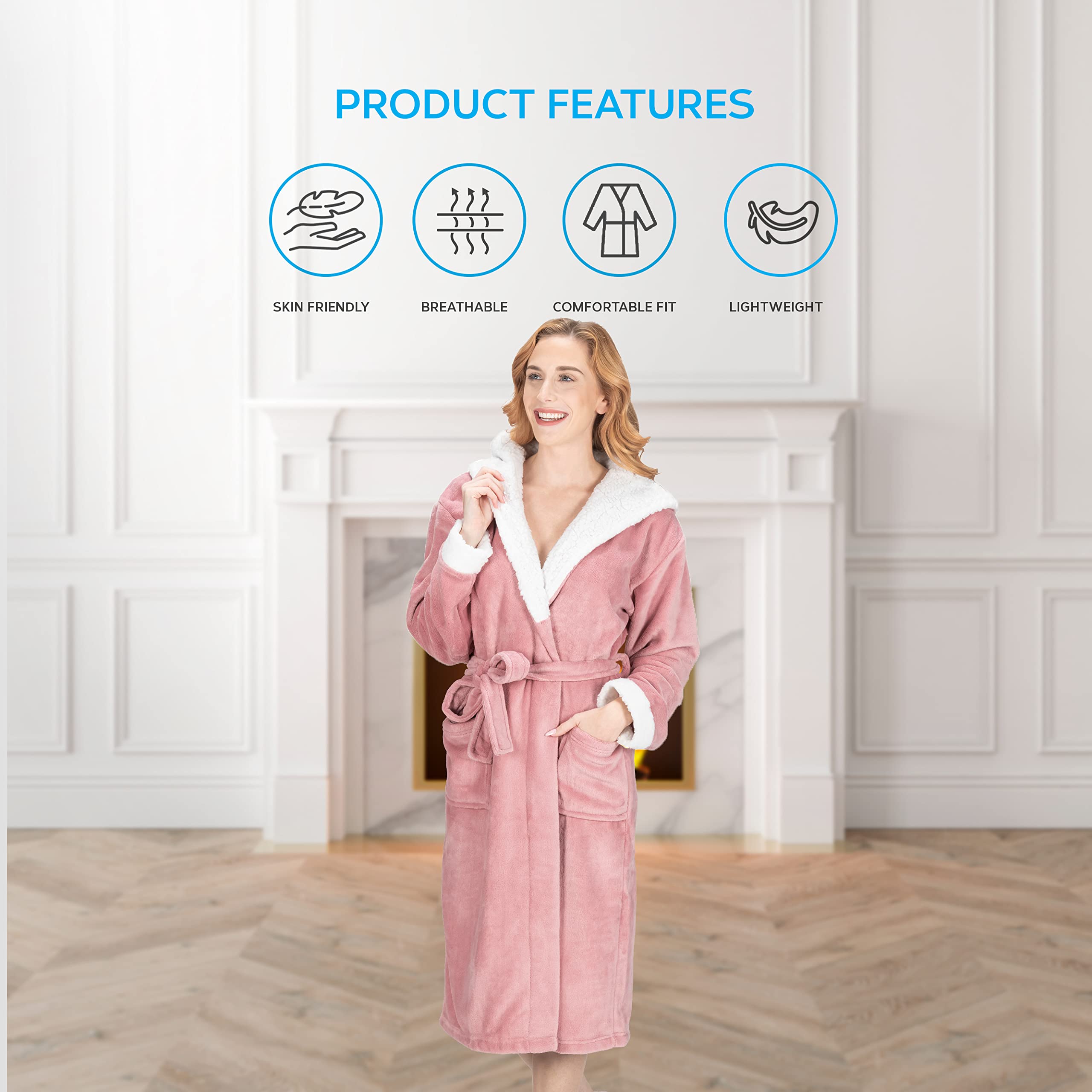 MONHOUSE Womens Dressing Gown - Premium Super Soft & Cosy Long Bathrobe - Ladies Thick Flannel Luxury Housecoat - Warm Fluffy Shearling Spa Robe for Her - Sherpa Bathrobe - Pink Sherpa UK 16-18