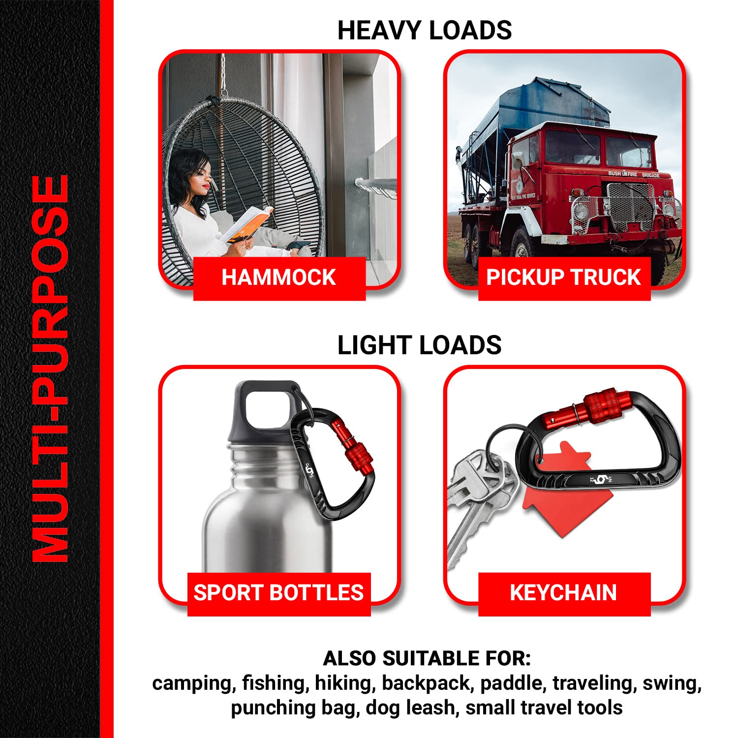 Rhino Produxs 12 kN (1,223.3 kg) Wytrzymałe lekkie klipsy z karabińczykiem blokującym z brelokami - doskonałe do zabezpieczania zwierząt domowych, na zewnątrz, na kemping, wędrówki, hamak, uprząż