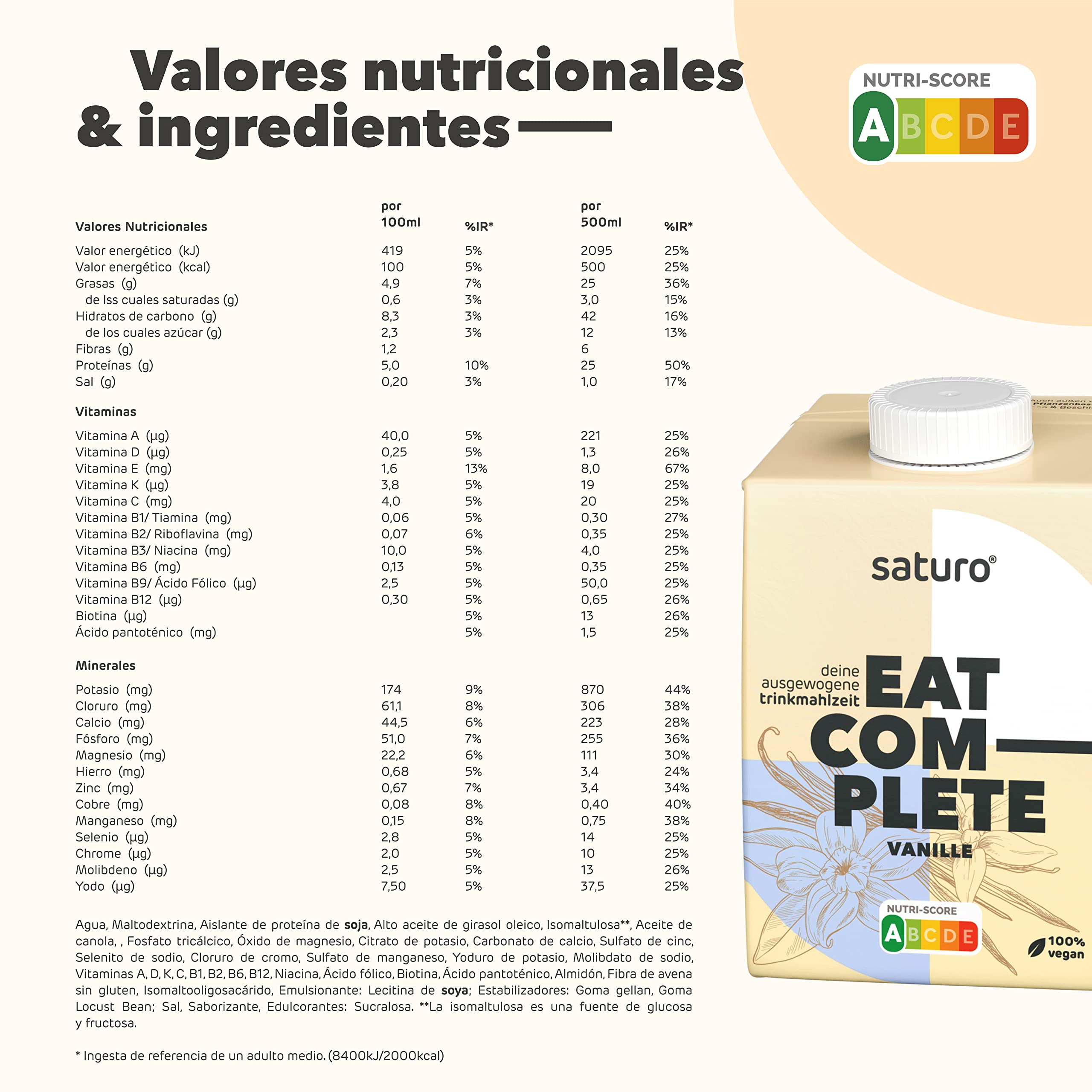 Saturo Batido de Vainilla Sustituto de Comida | Comida para astronautas con proteínas y 500kcal | Vegano | Comida bebible con nutrientes esenciales | 6 x 500 ml