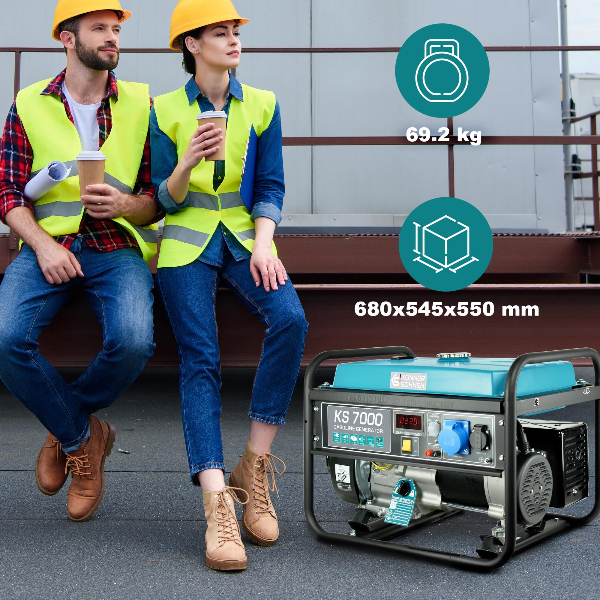 Groupe électrogène à essence KS 7000 puissance maximale 5500 W, 1x16A, 1x32A Schuko (230 V), moteur EURO-V, régulateur de tension automatique (AVR), affichage LED, enroulement 100% cuivre.