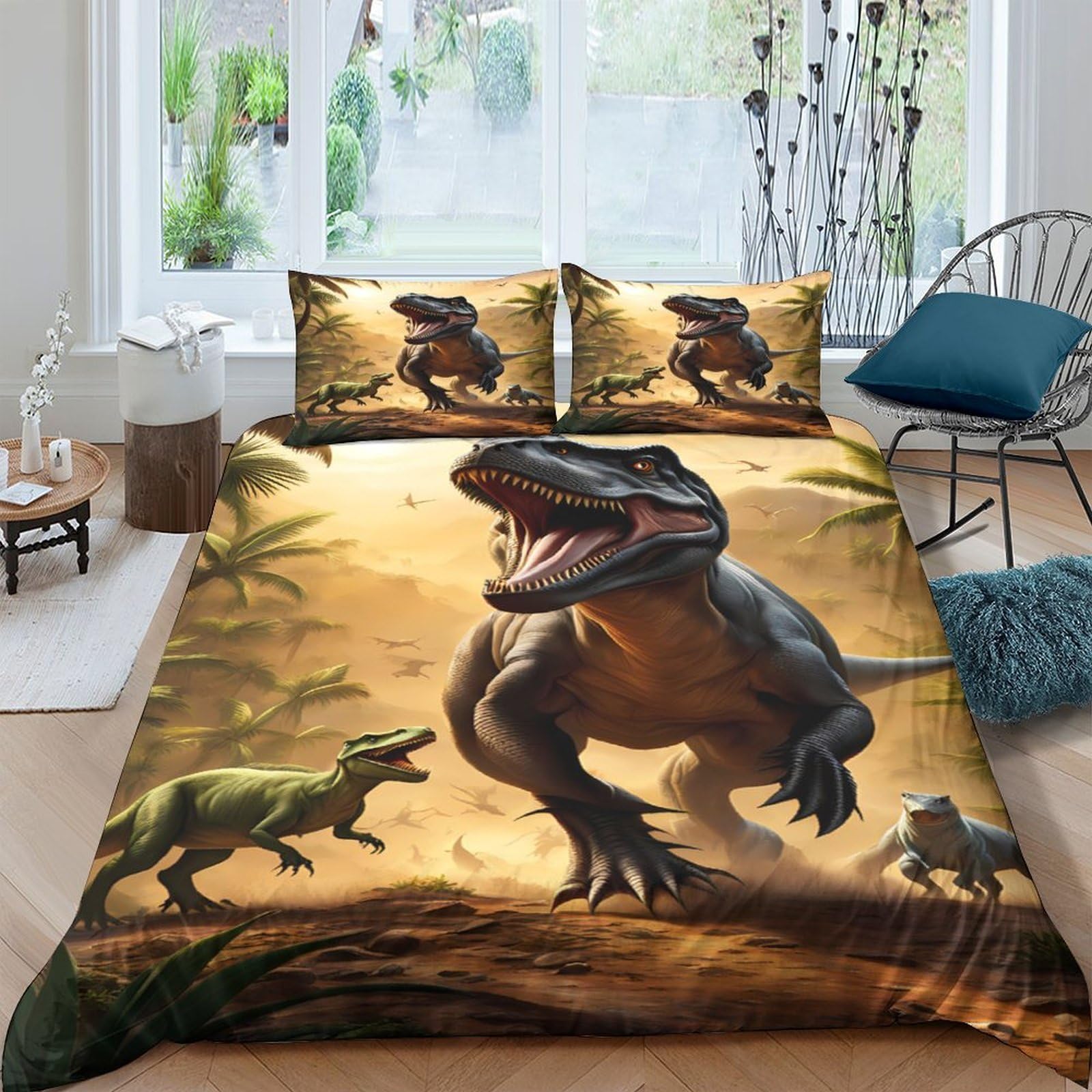 Ctjqhvkz Style-4 3D Printed Dinosaur Jungle Fitted Sheet Microfiber Soft Breathable T-Rex Bed Cover For Bedroom Guest Room Decor Single（135X200cm）