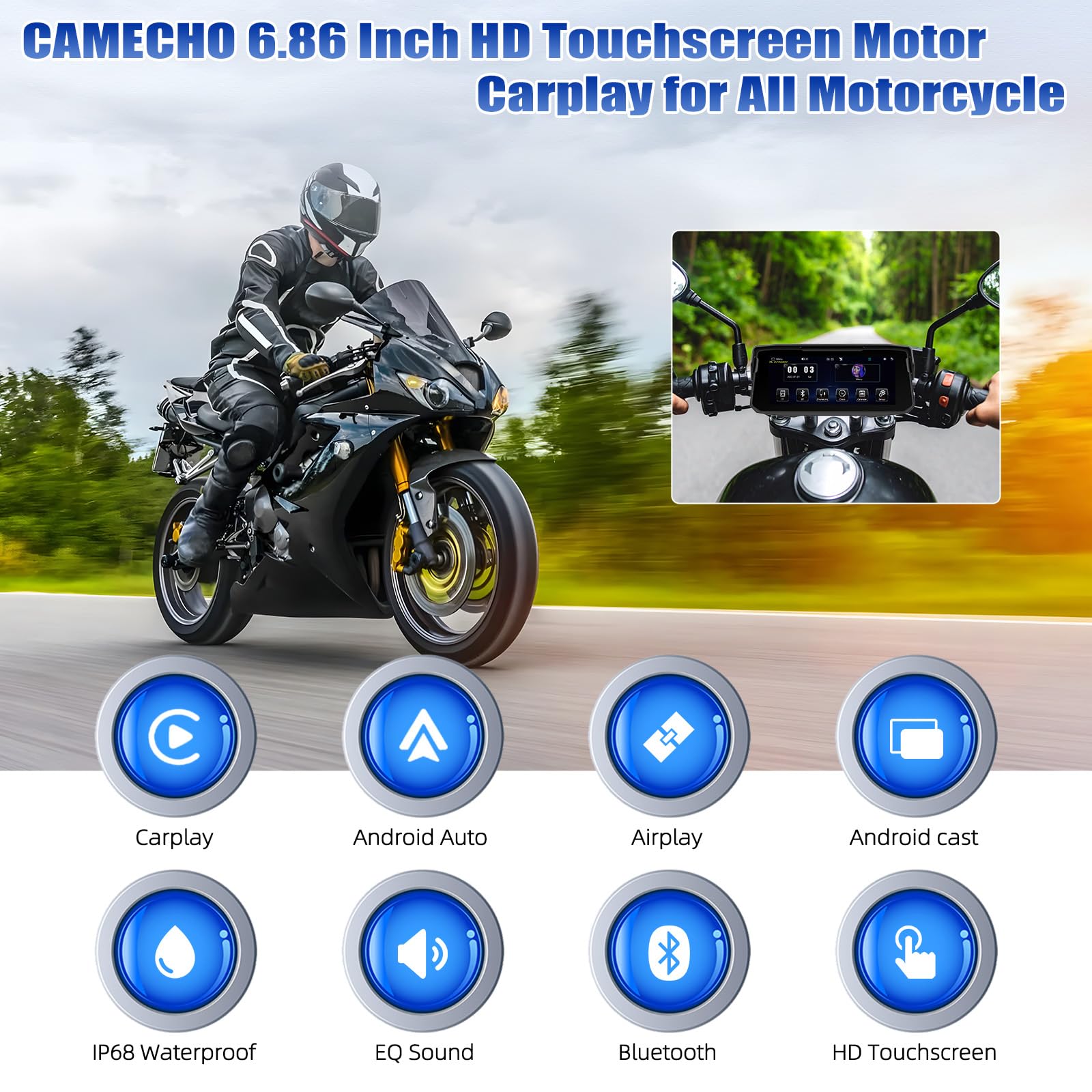 [2026] CAMECHO Wireless Carplay Pantalla de Motocicleta de 6.86 Pulgadas con Android Car IP68 Resistente al Agua, Navegador de Pantalla Táctil con Bluetooth Airplay Android Cast EQ Sound + 1280*480 HD