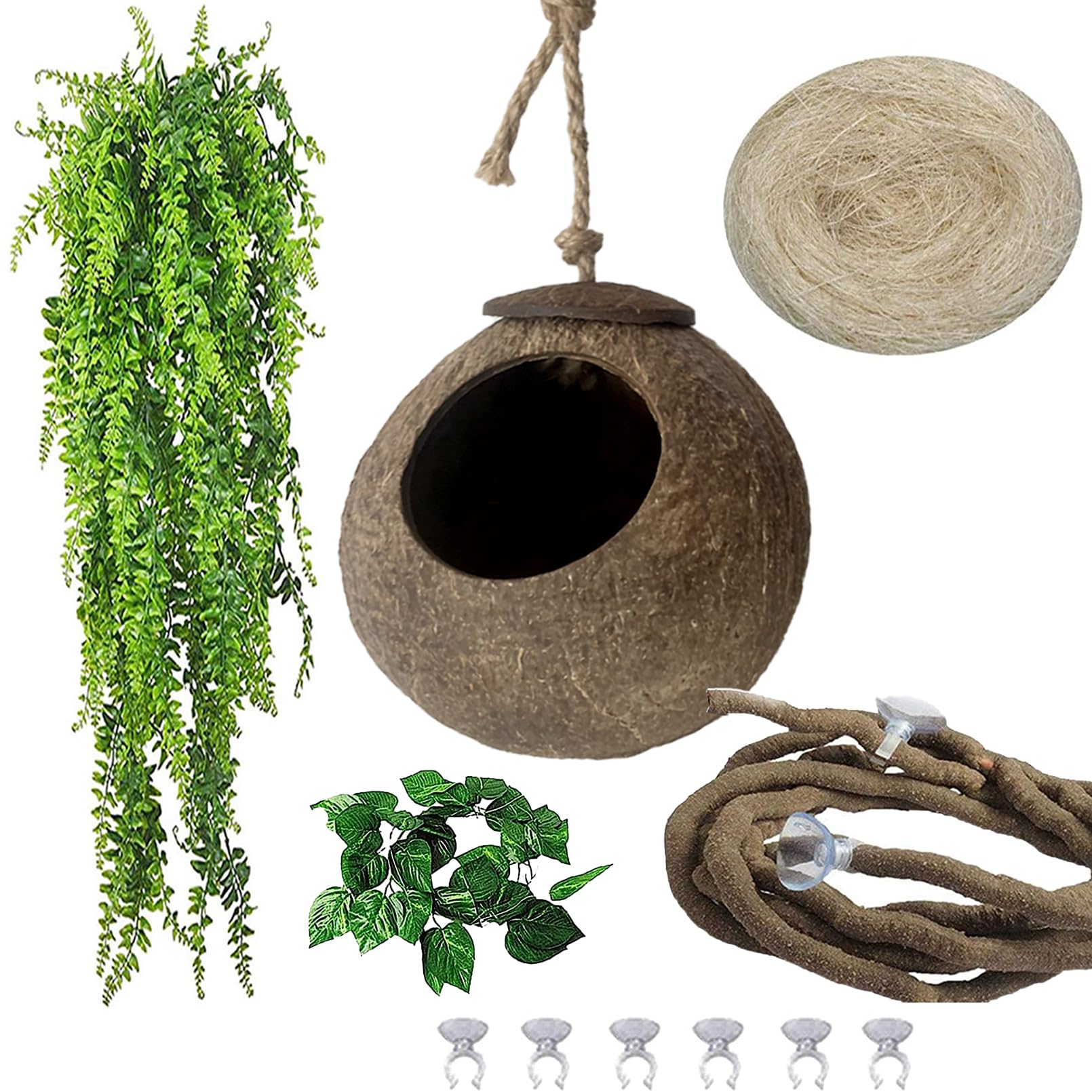 Crested Gecko Coconut Hide Natural Lizard Coco Hut Reptile Hanging Nest Flexible Vine Habitat Decoration Bearded Dragon Terrarium Accessories for Chameleon Tree Frog Snake Hermit Crab