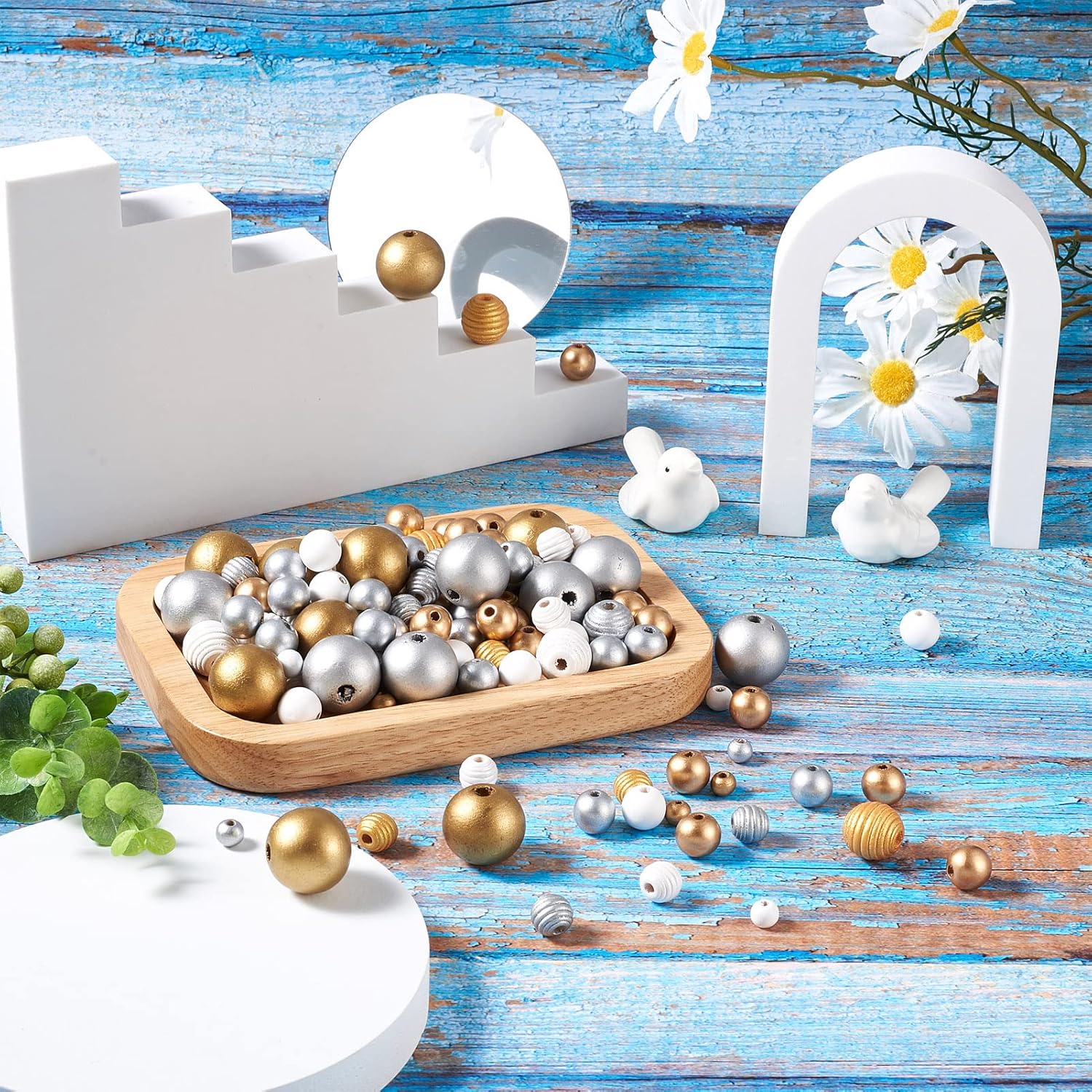 Cheriswelry 410Pcs 8-24mm White Golden Silver Natural Wood Beads Wooden Beehive Beads Round Wood Craft Beads for DIY Bracelet Jewelry Making Home Farmhouse Holiday Decoration