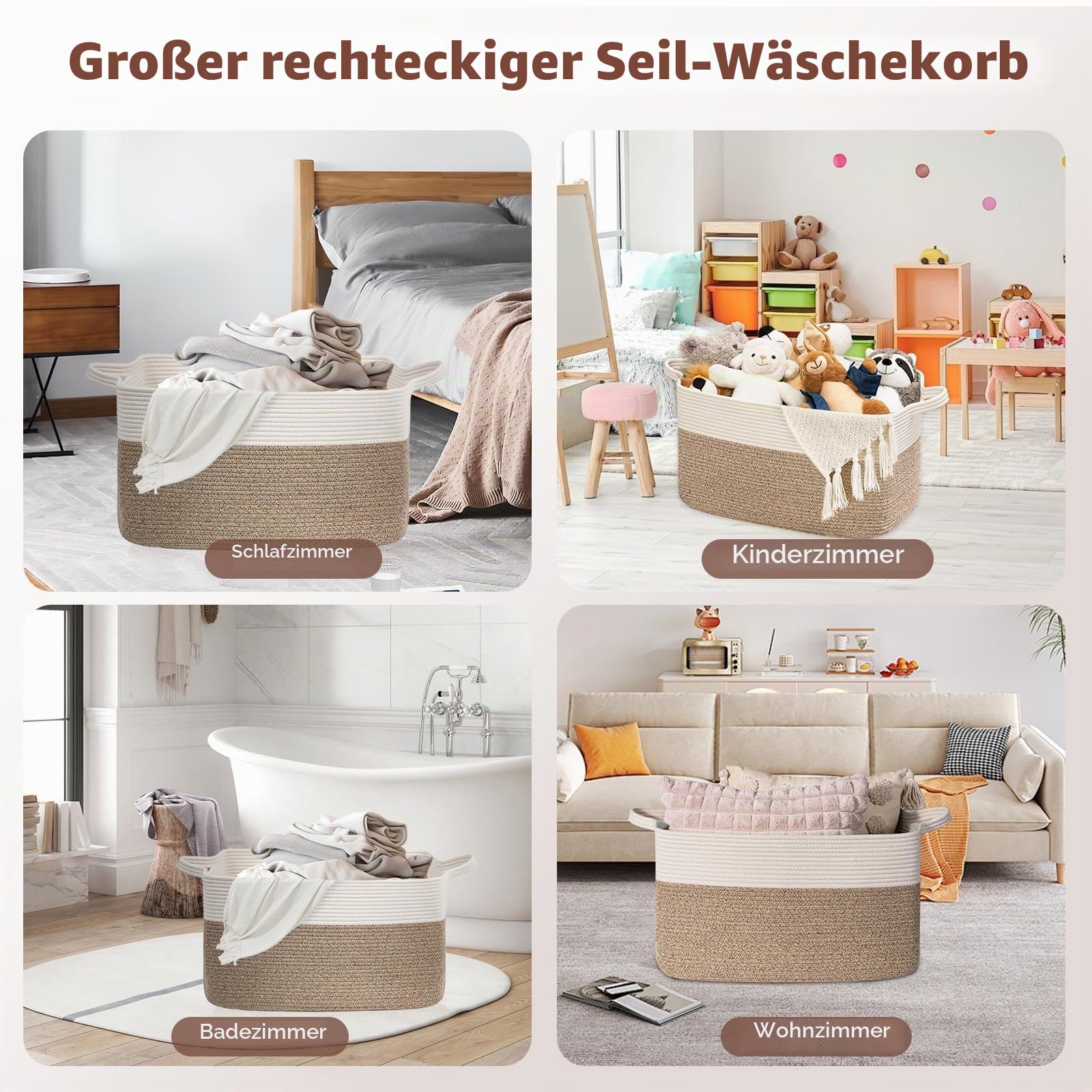 Korb Aufbewahrung Groß mit Griff für Babykleidung Spielzeug Decke Bettwäsche Handtuch,55 * 38 * 30cm,Geeignet für Wohnzimmer Schlafzimmer Badezimmer(Braun-Weiß)