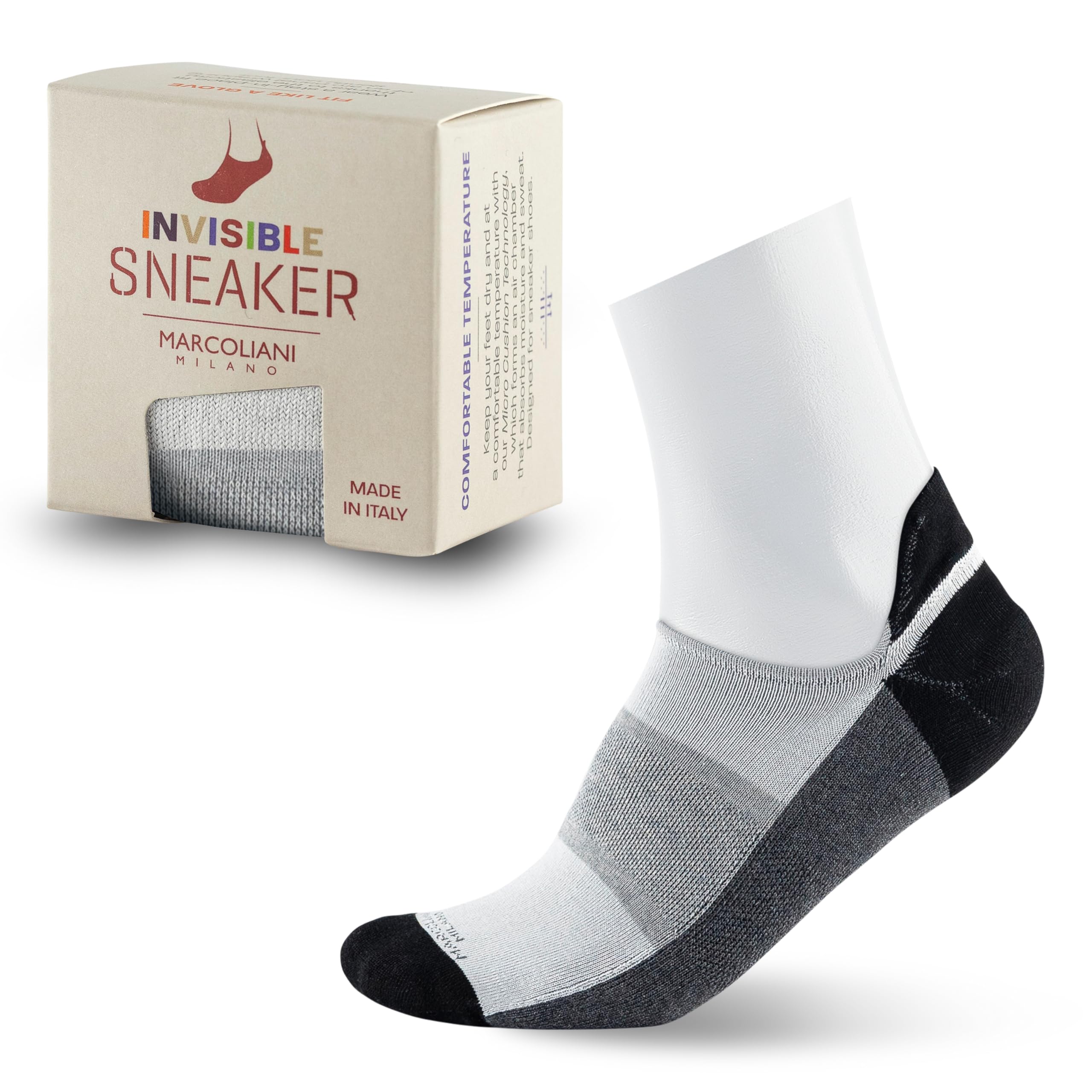 Marcoliani Milano Made in Italy - Sneaker Mens No Show Always Stay Up | Microcushion Technology | Cotton Color blocking