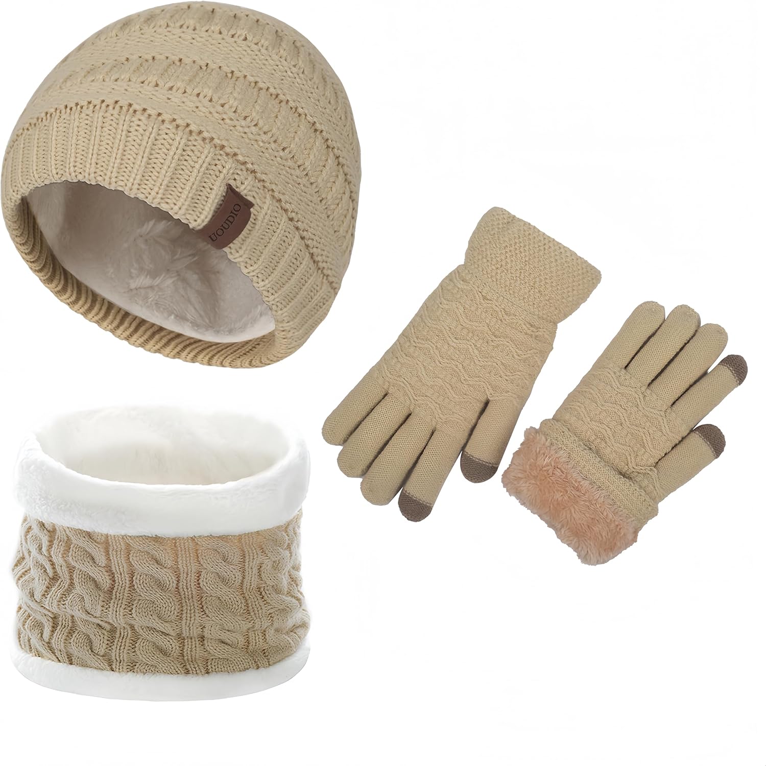 UOUDIO Women’s Winter Knit Beanie Fleece Lined Neck Warmer Touchscreen Gloves Set Christmas Gift