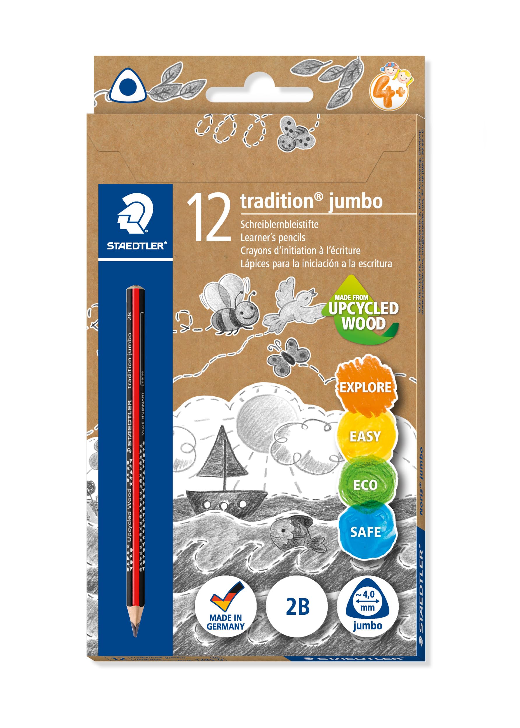 STAEDTLER jumbo 1285 Learning to Write Pencil, Made from Upcycled Wood, Non-Slip Soft Surface, Made in Germany, Single Product 2B, Folding Box, 12 Pencils, 1285-0