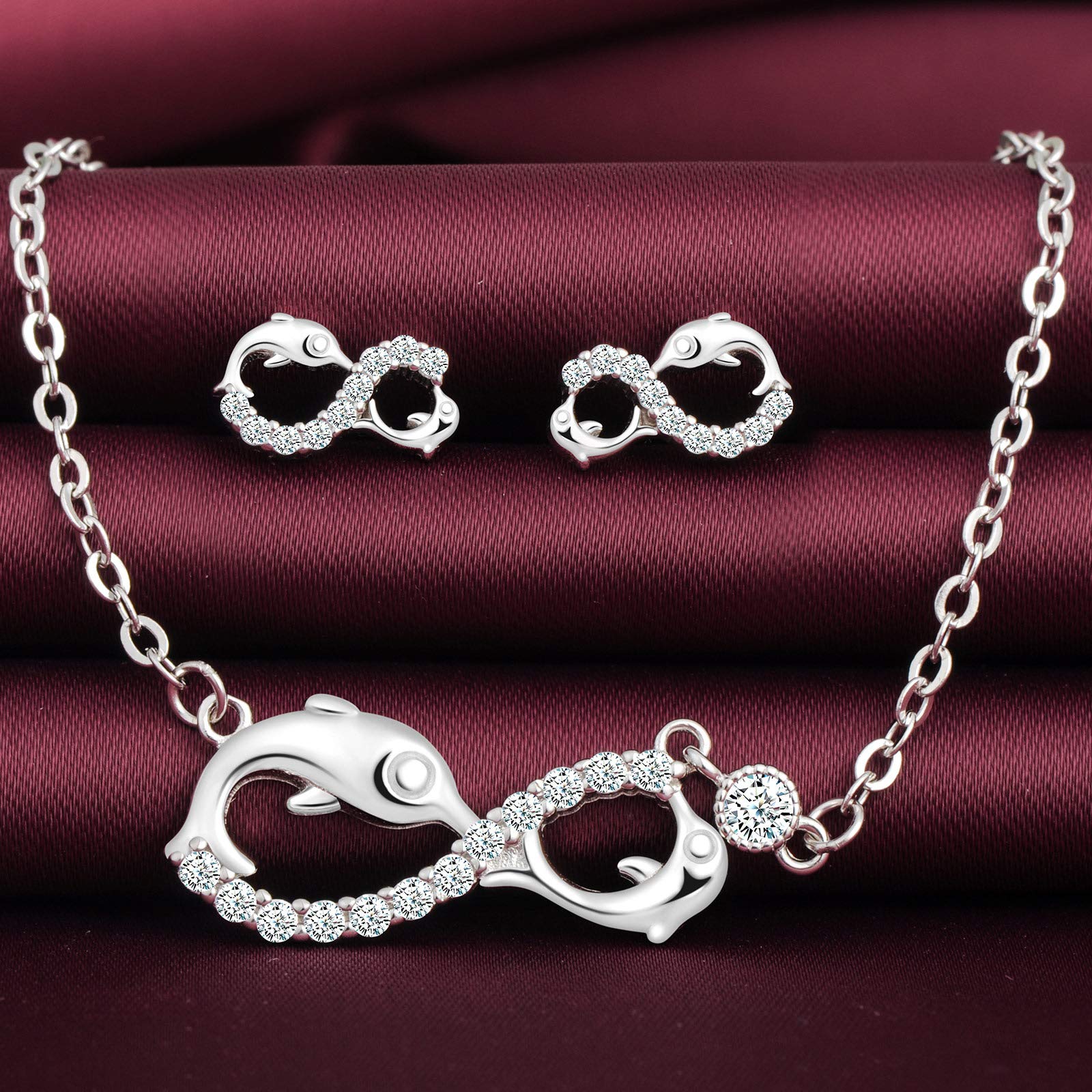 Yumilok Juego de joyas de collar y pendientes, collar con colgante de delfín y símbolo del infinito y pendientes en plata 925, joyería para mujeres y niñas, incrustaciones de circonita cúbica