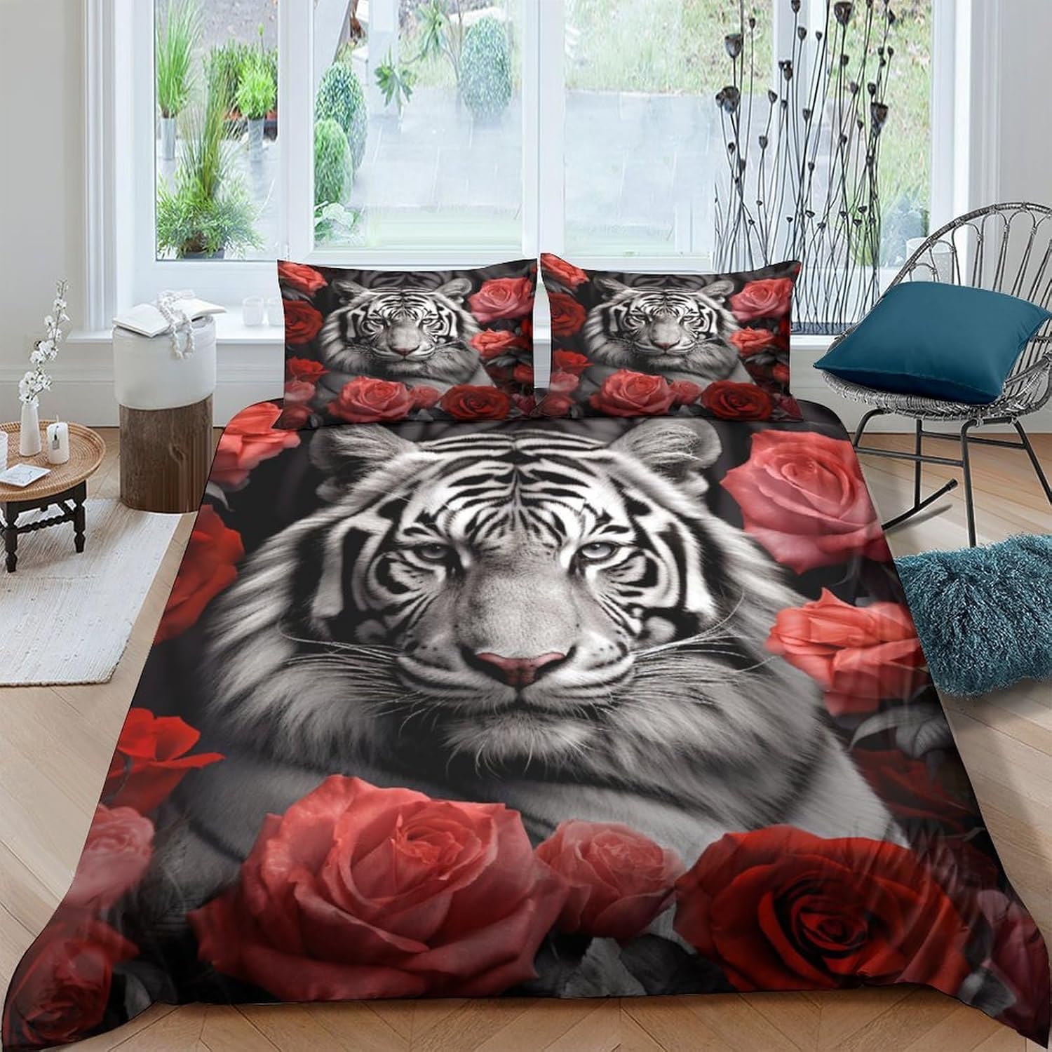 Housse de couette tigre parure de lit 3d 200x200 microfibre anti-acarien