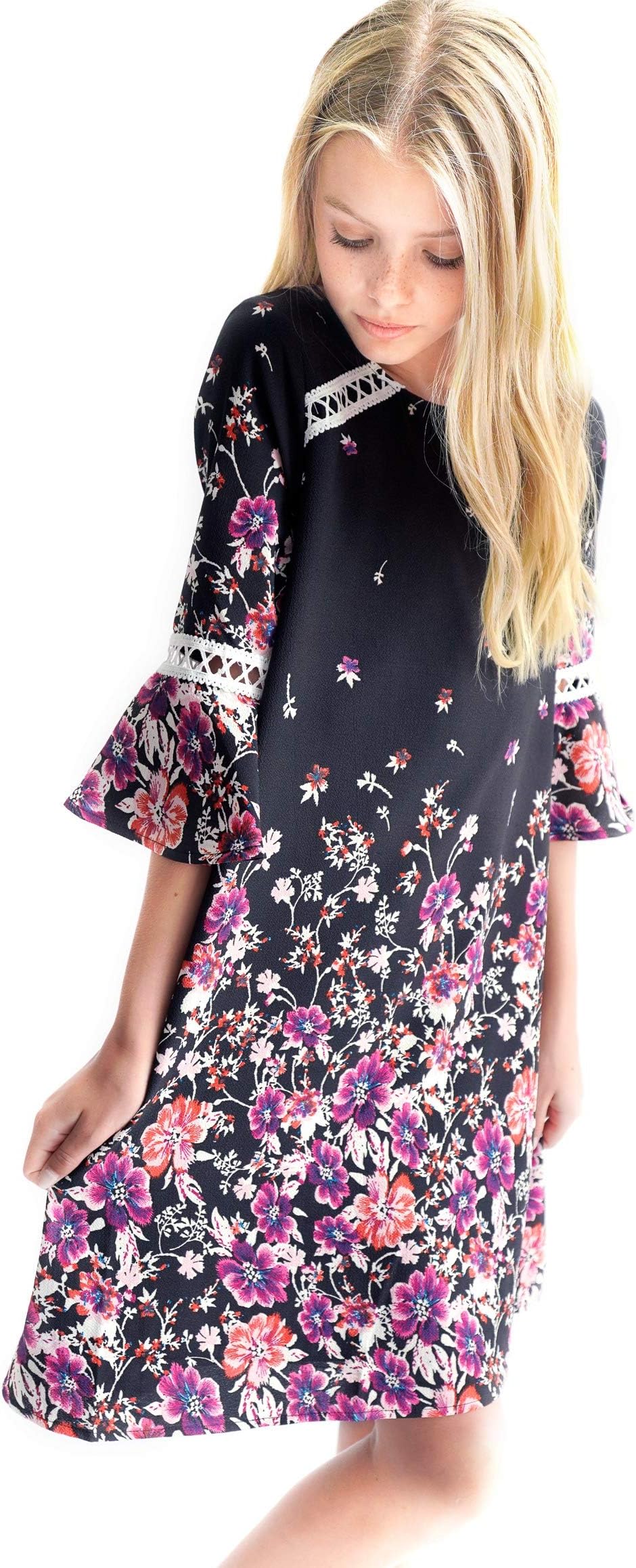 SmukkeBig Girls Tween Beautiful Floral Printed Long Sleeves Dresses (with Options), 7-16