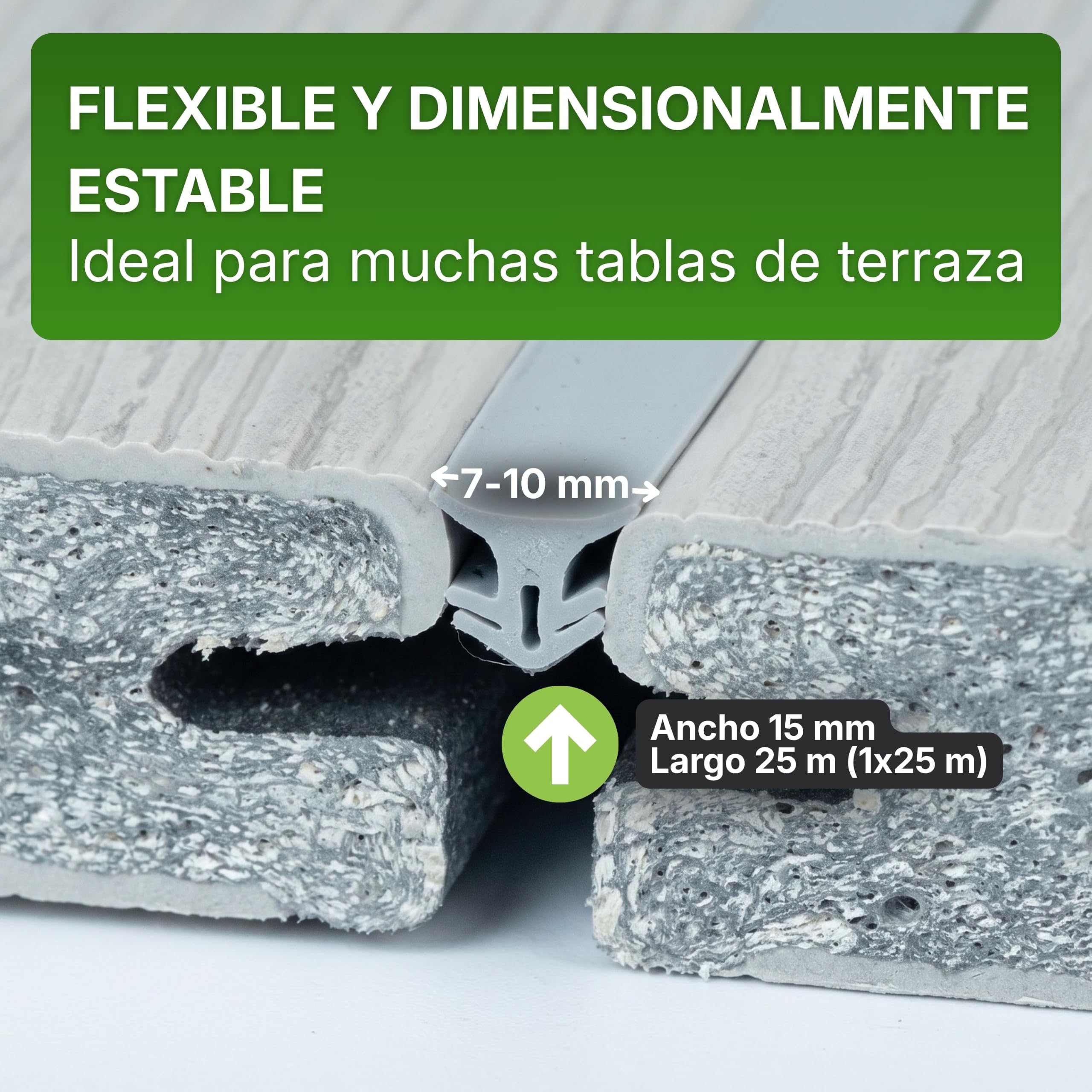 Gartenwelt Riegelsberger Banda para Juntas 7-10 mm Gris Claro 25 m | Banda de sellado de TPE para terrazas de madera y WPC | Resistente a rayos UV, intemperie y heladas | Made in Germany