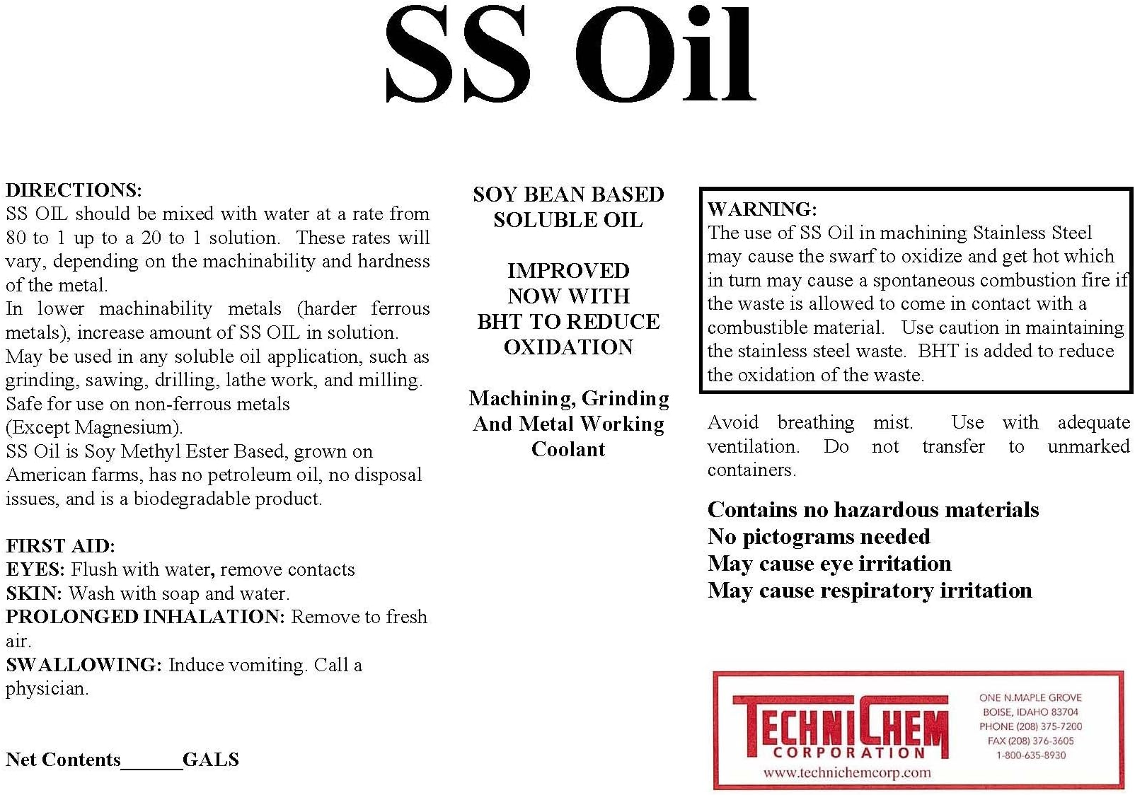 Technichem Corporation SS OIL Grinding Coolant (1 Gallon)