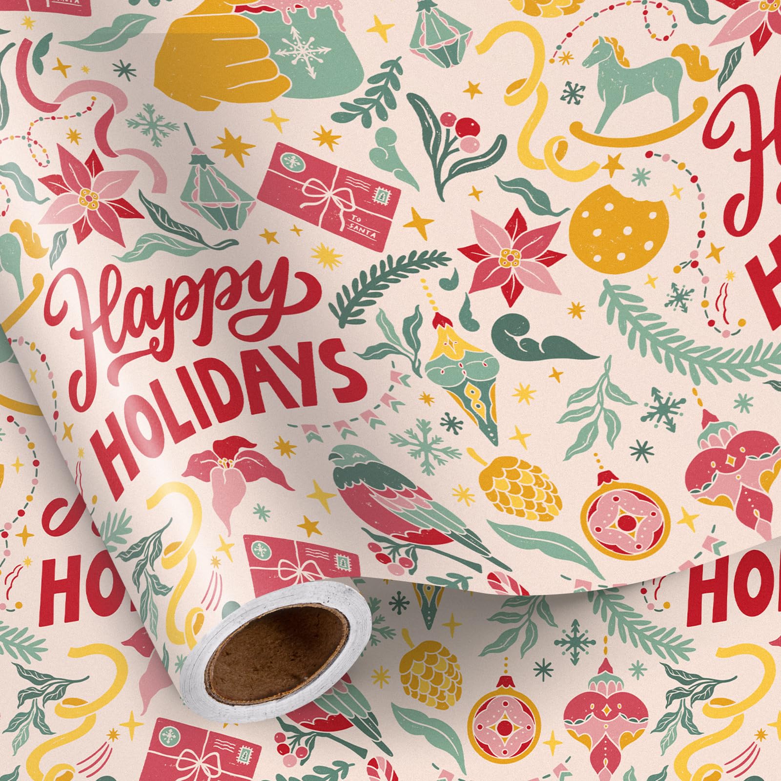 LeZakaa Christmas Wrapping Paper, Happy Holidays, Poinsettia Bird Ornament Design Retro Icons Gift Wrap, Christmas Gifts for Winter Holiday, New Year Party Favors DIY Crafts, Mini Roll 17 in x 16.4 Ft â image 1