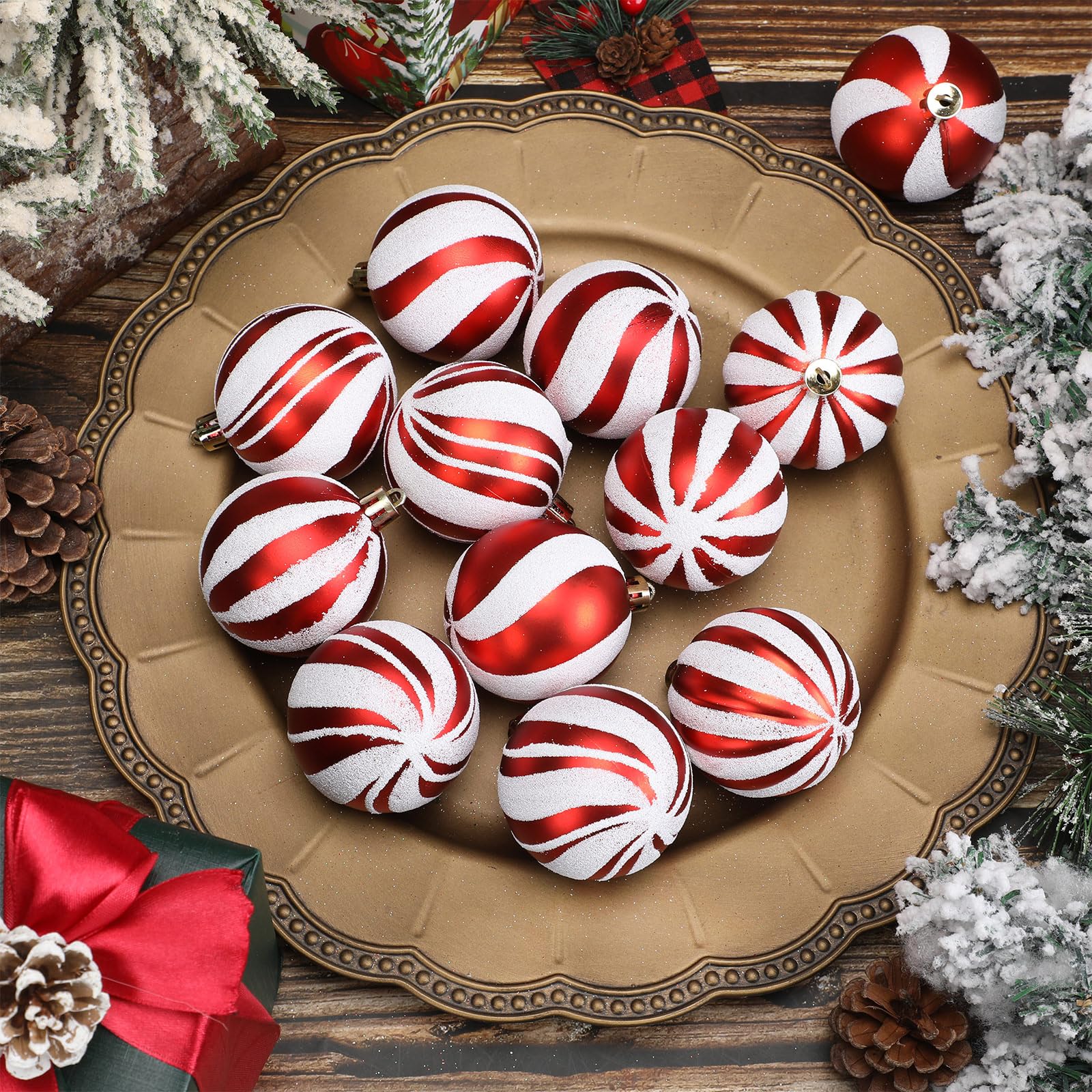 Liliful 12 adornos de bola de Navidad de 2.4 pulgadas, adornos de plástico brillante para colgar, bolas de remolino, bastón de caramelo, menta, colgantes de árbol de Navidad para decoración de árbol