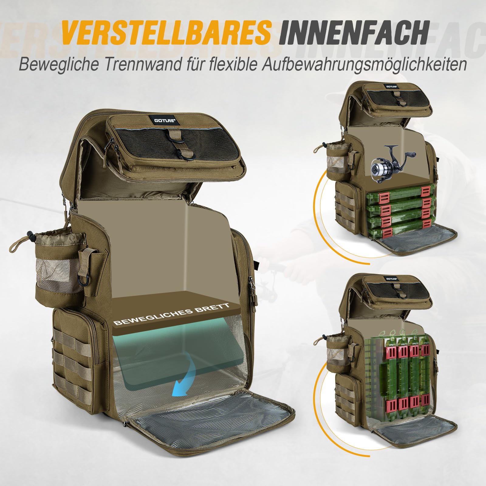 Goture Angelrucksack mit 4 Köderbox Angeln, 55-Liter Angelzubehör-Rucksack mit Zwei Rutenhaltern und Regenschutz, 900D Oxford-Gewebe Wasserabweisende Angelgerätetasche mit verstellbarem Fach