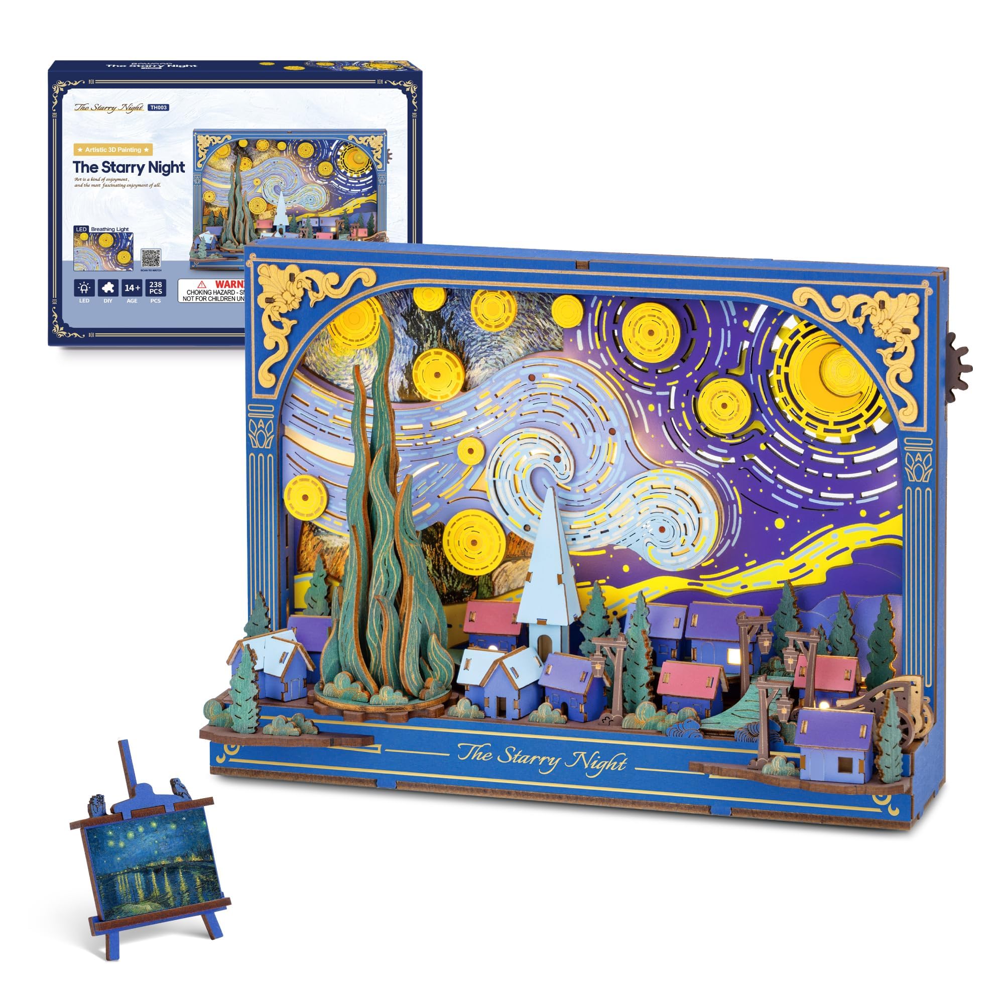 ROBOTIME 3D Wooden Puzzle The Starry Night, Model Kits for Adults to Build Hangable Art 3D Painting Wall Decor