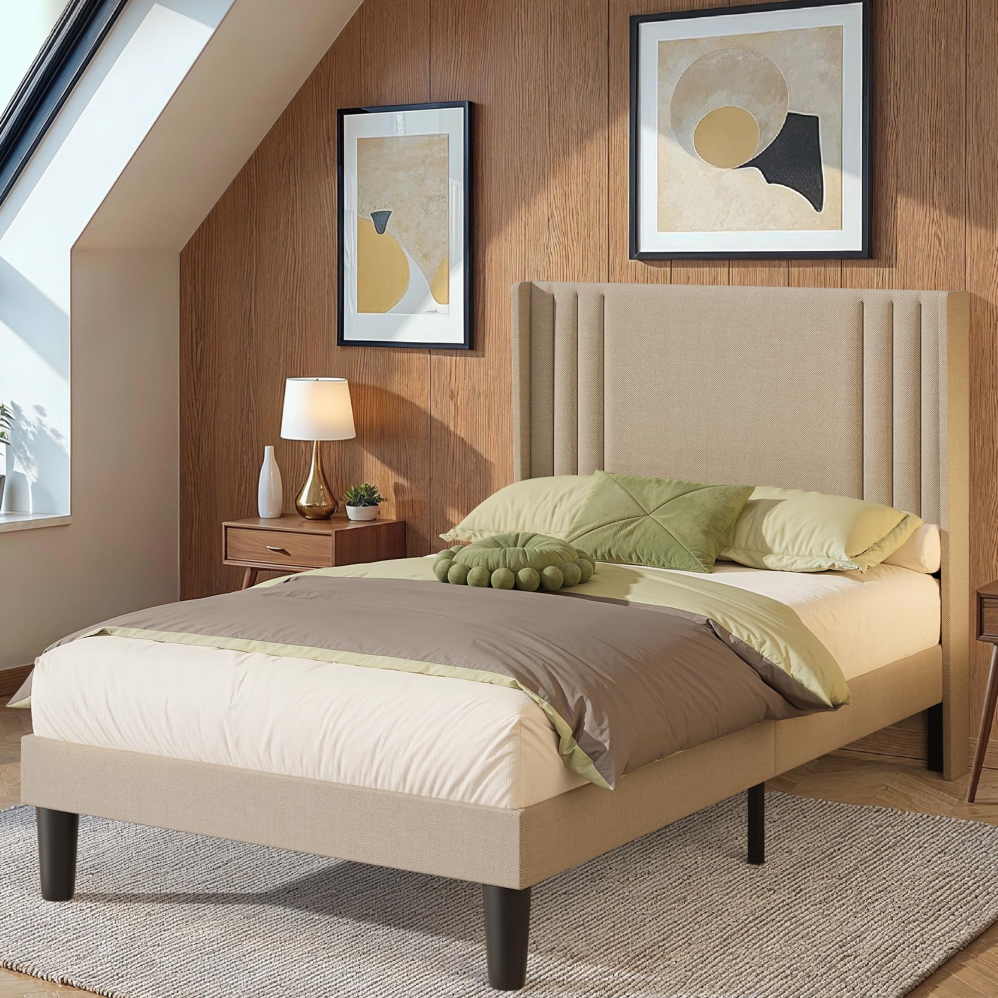 Letto imbottito 120 x 200 cm, con testiera e rete a doghe, robusto letto in tessuto per ragazzi e camere degli ospiti, struttura imbottita,Beige