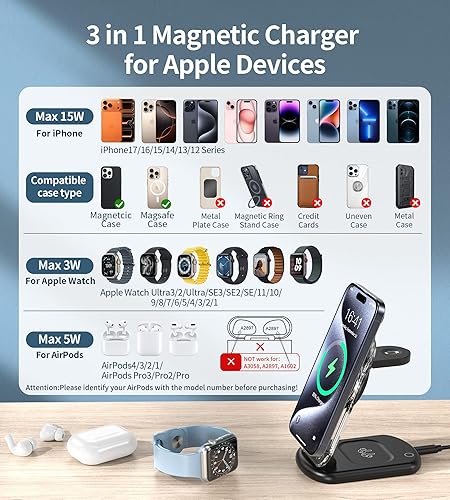 Miniatura 2 de Estación de carga inalámbrica magnética 3 en 1 para dispositivos Apple, soporte de carga plegable rápido y seguro para viajes con luz nocturna para