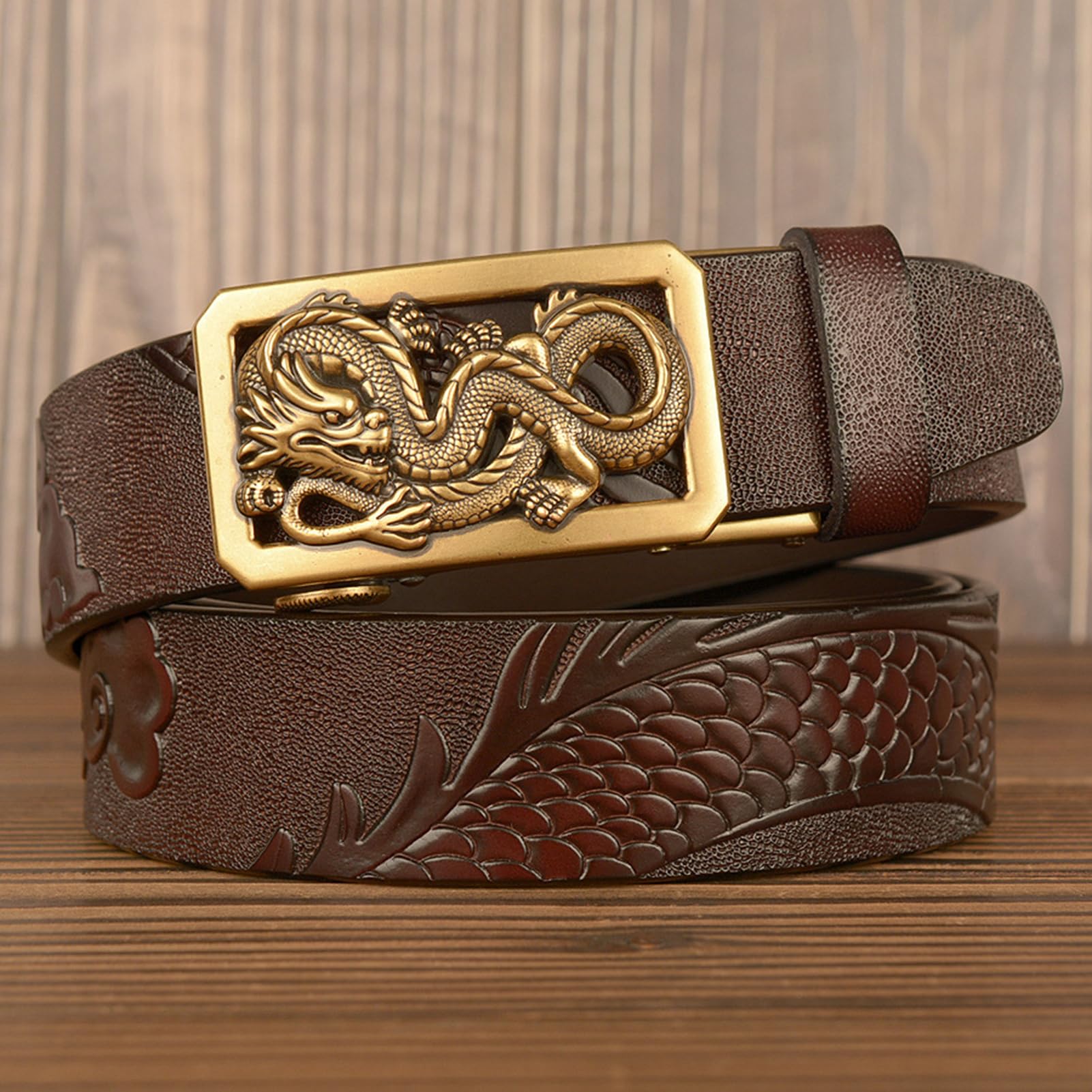 Cinturón De Trinquete Deslizante - Hebilla Automática Con Grabado Dragón, Ajustable, Estilo Clásico Y Moda