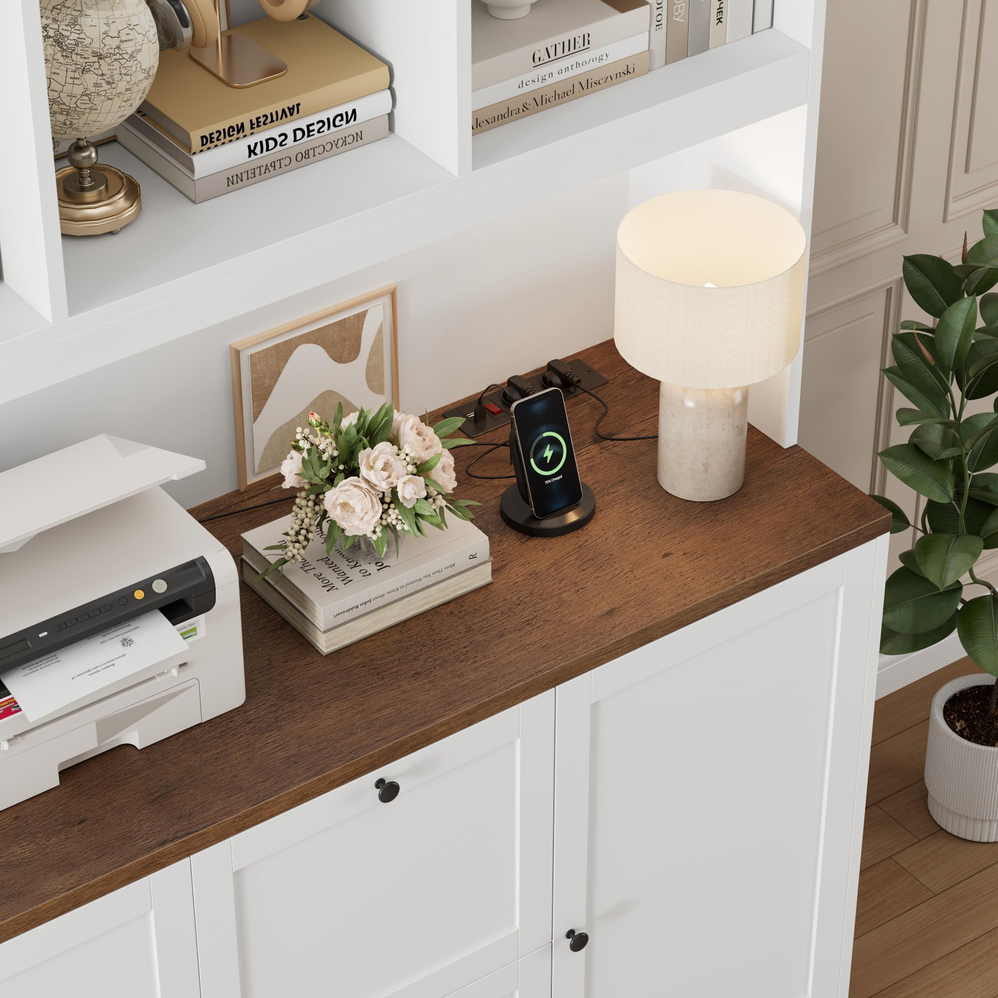 FirFurd Bibliotheque Meuble de Rangement avec Prise/USB, 2 Portes 2 Tiroirs pour Dossiers Suspendus, Armoire Bureau Bibliothèque Livre pour Salon Cuisine 116x40x182cm Blanc