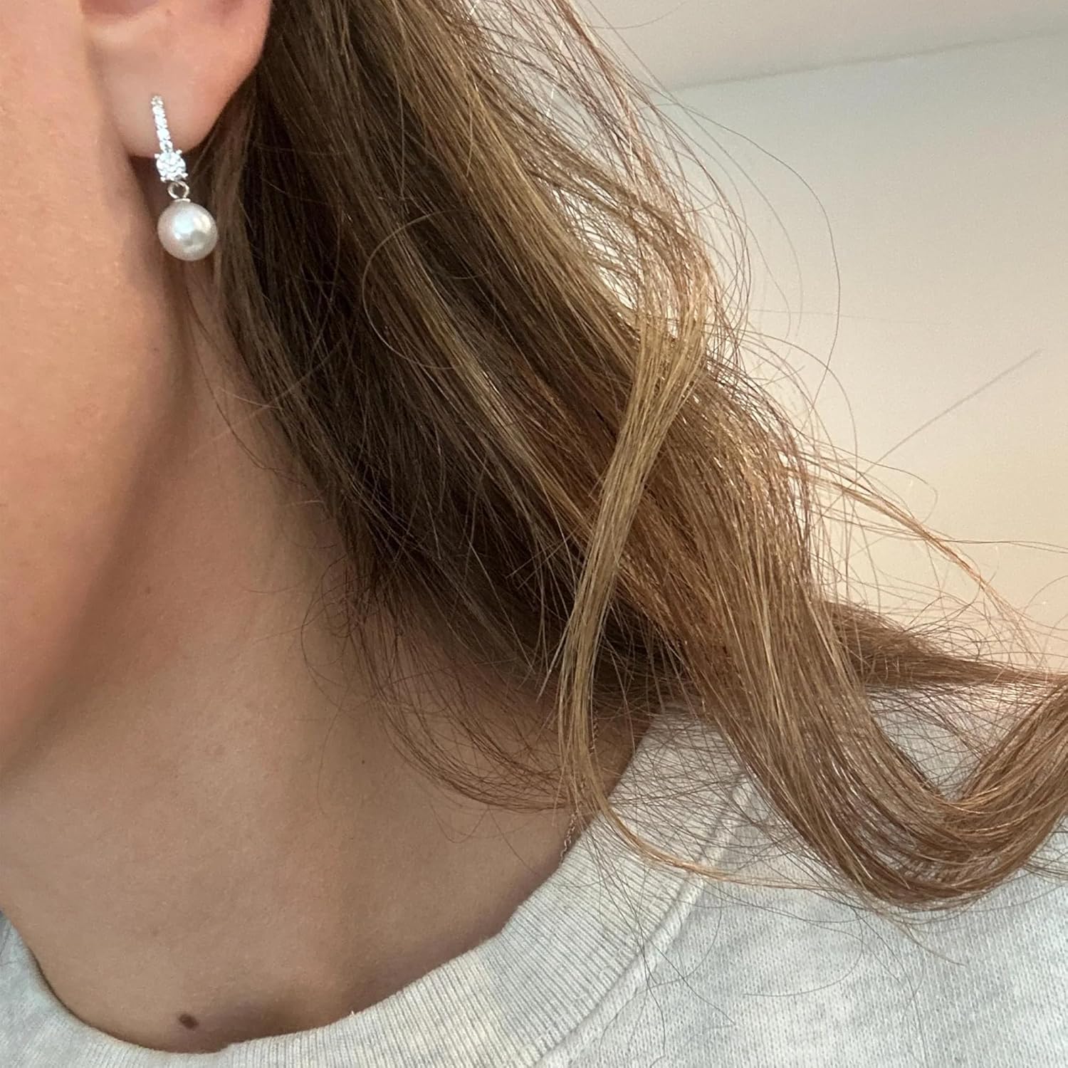 Pearl Earrings for Women 18K Gold Plated/Silver Hypoallergenic Dainty Elegant 12mm Simulated Shell Pearl Drop Dangle Earrings 5A Cubic Zirconia Small Hoop Earrings Wedding Jewelry Gifts (Silver) - Image 5