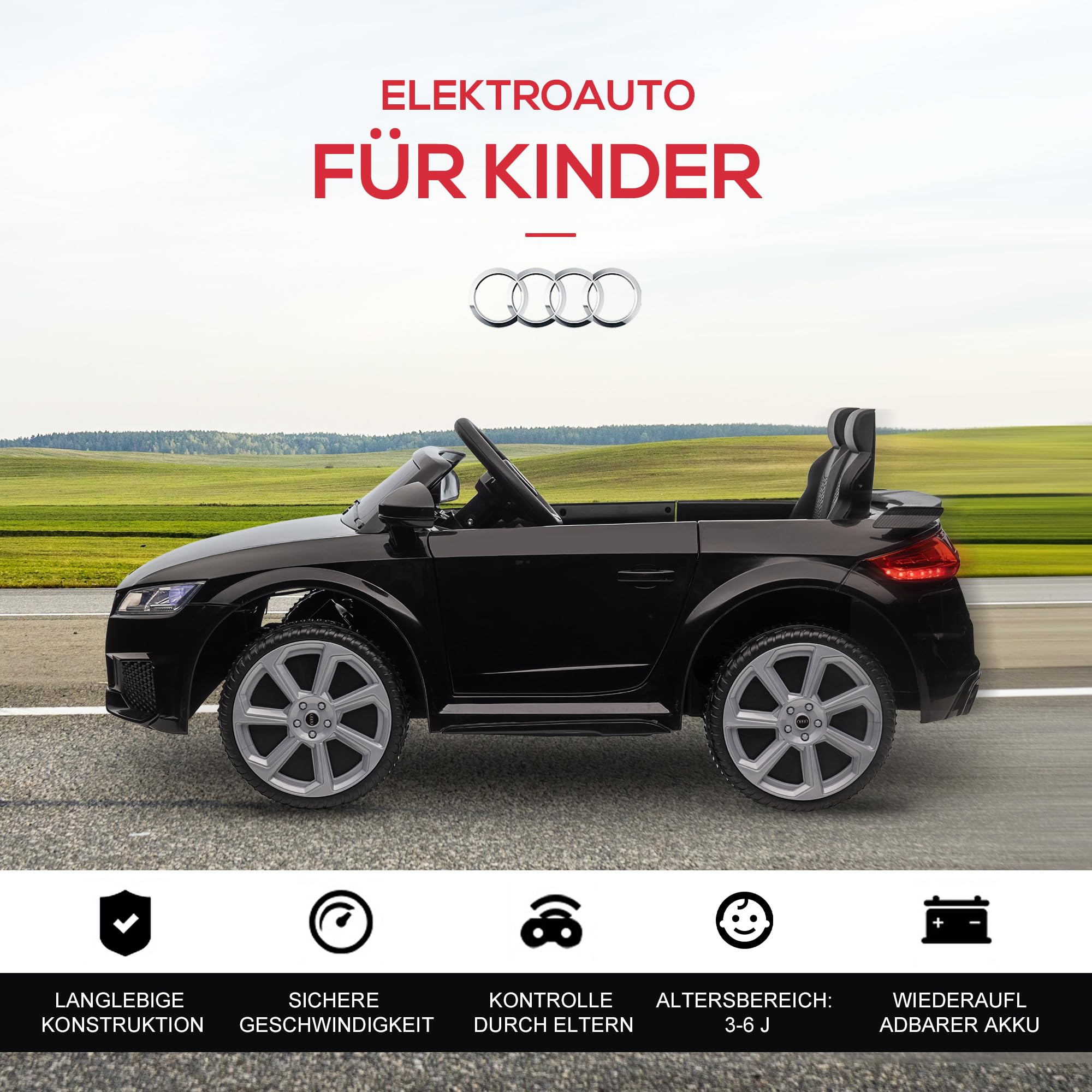 HOMCOM Kinder Elektroauto 12V Kinderauto mit 2,4 G Fernbedienung, 2 Motor, Kinderfahrzeug mit Hupe, LED, Musik, USB/MP3-Anschluss, Rückwärtsfunktion, Elektrofahrzeug für Kinder 3-5 Jahre, Schwarz