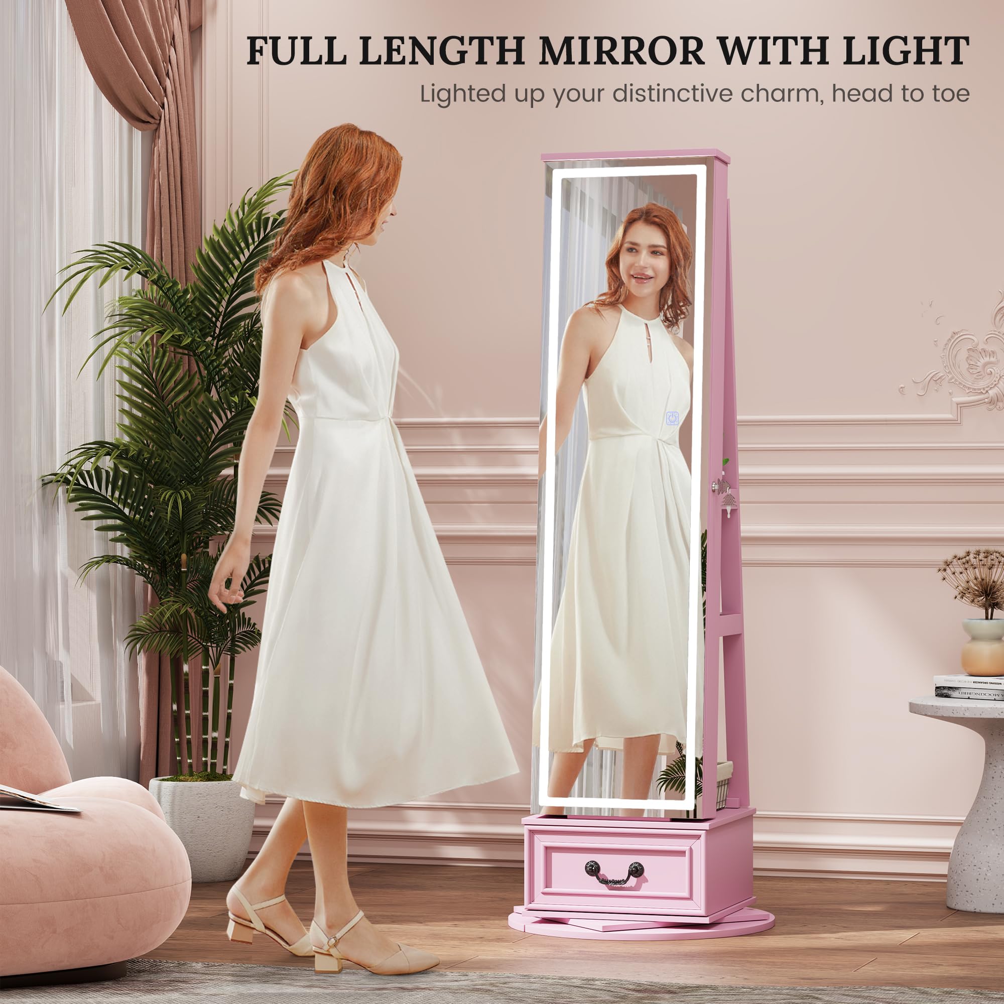LVSOMT LED Mirror Jewelry Cabinet Standing, 360°Swivel Jewelry Armoire with Full Length Mirror, Mirror with Jewelry Storage and Large Wooden Drawer for Christmas Gifts ()