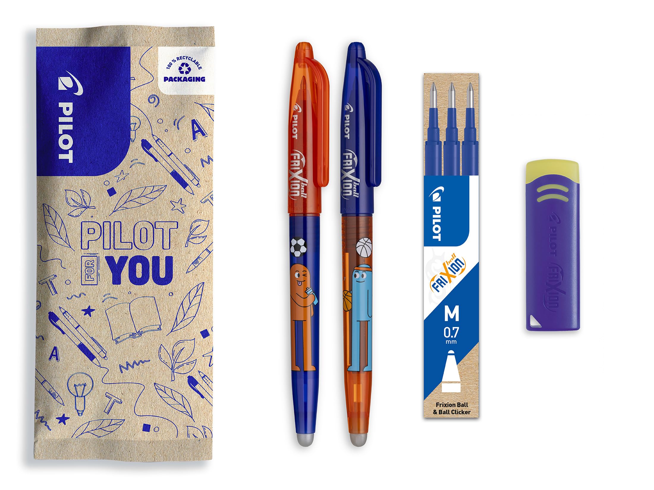 PILOT - 2 FriXion Ball + 3 Recambios + 1 Goma de REGALO - Bolígrafo Borrable Bonito - Edición Limitada FriXion Friends, Bolígrafo de la Amistad - Deporte - Recargable - Tinta Azul - Punta Media