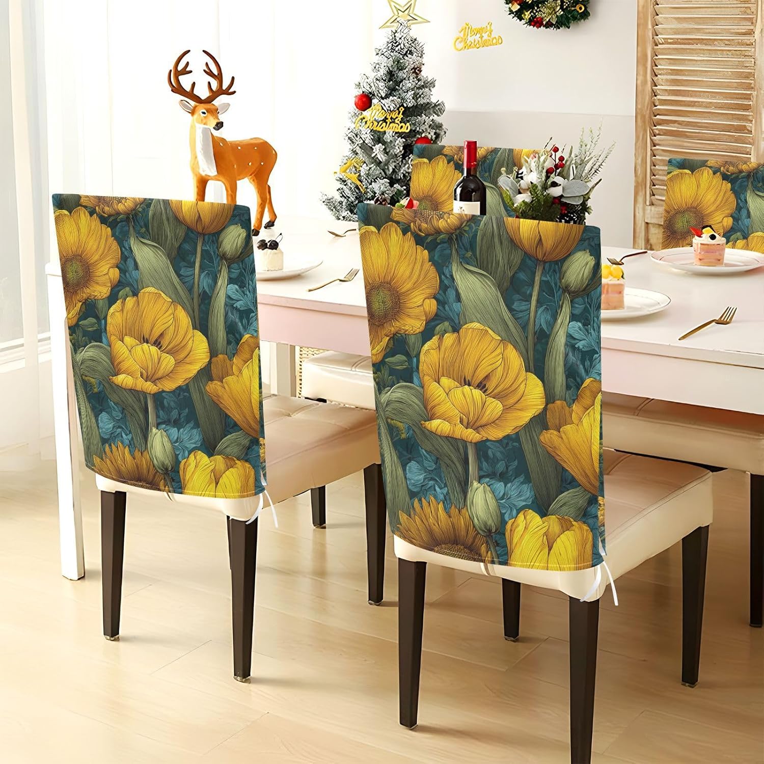 ALAZA Tulips Ffloral Sunflowers Chair Back Cover Set of 6, Washable Reusable Removable Chair Slipcovers Decorative Chair Cover for Home Kitchen Wedding Party