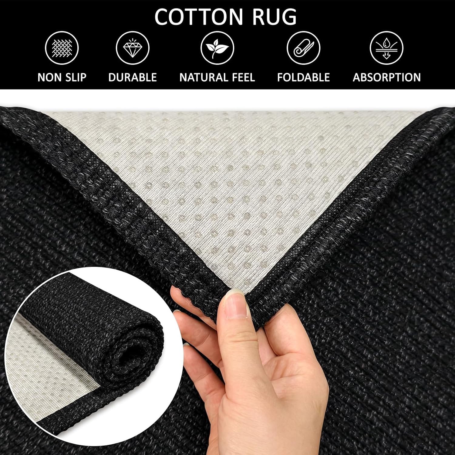 Washable Area Rug 2x3 Ft Small Entryway Rug Indoor Door Mat Non Slip Front Door Rugs Indoor Braided Cotton Floor Carpet for Front Entrance Bathroom Kitchen Foyer, Black