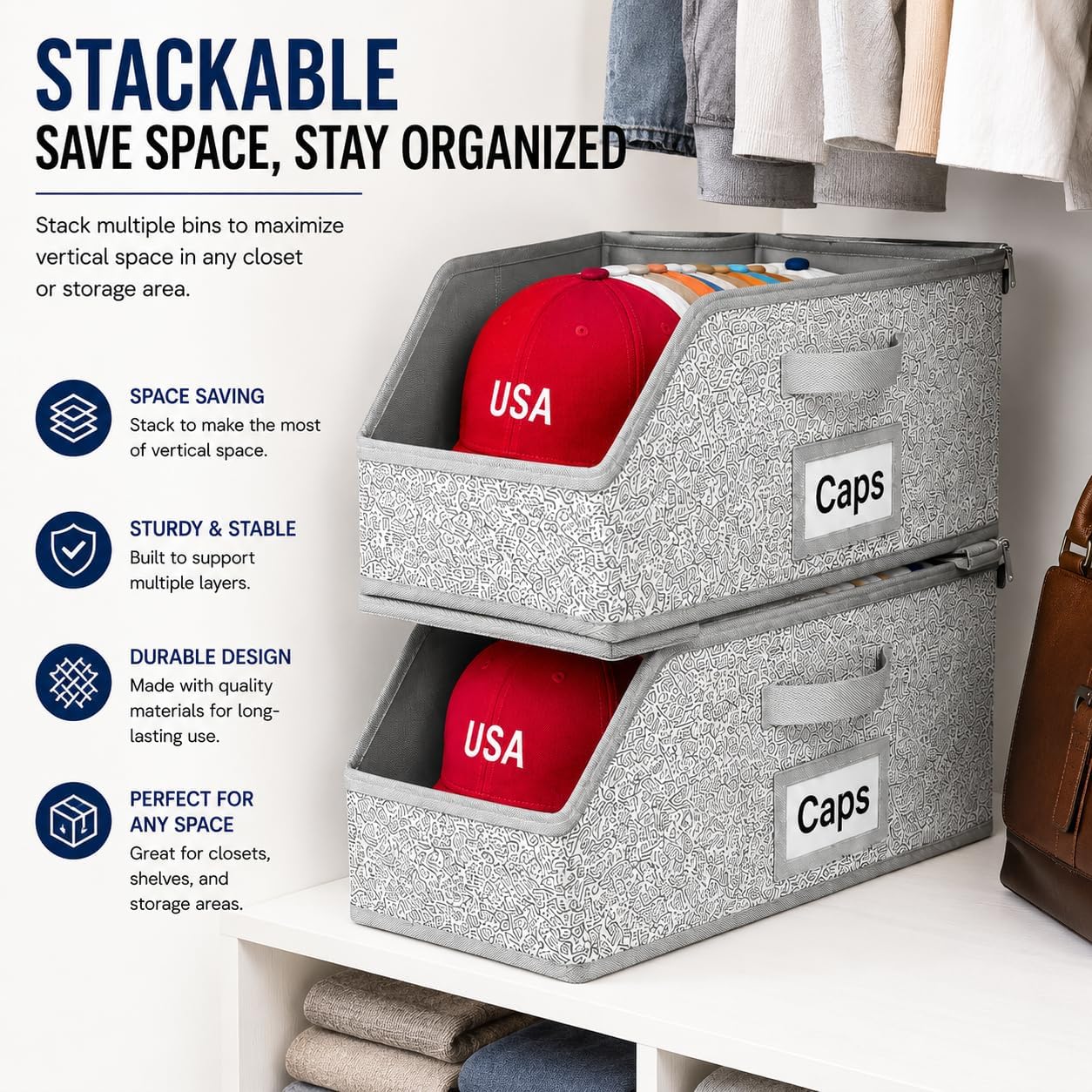 Foldable Closet Storage Organizer Box, Gray | Clear Window Lid, Fabric Bin, Label Pocket, Side Handles, For Hats, Clothes and Scarves