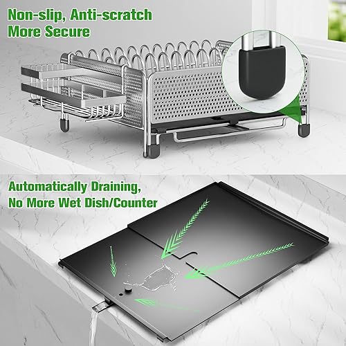 Miniatura 5 de eWonLife Escurridor de platos, escurridor extensible para encimera de cocina, escurridor de platos de acero inoxidable, compacto, a prueba de óxido,