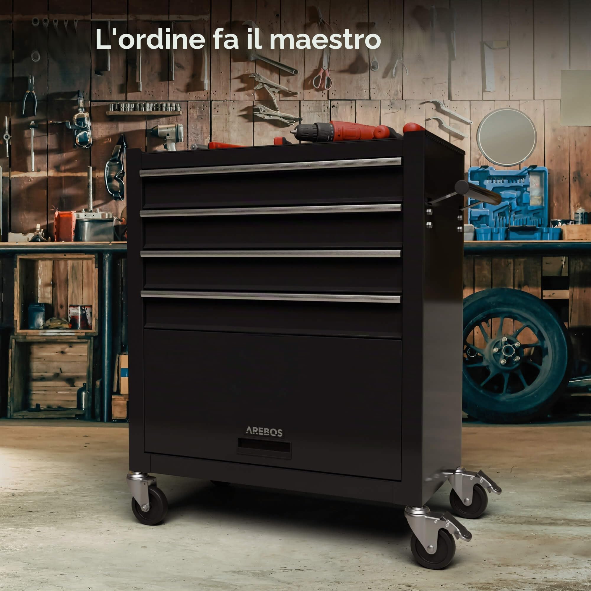 AREBOS Carrello da officina 4 scomparti 81 attrezzi portautensili con tappetini antiscivolo interlock 2 ruote freno Nero