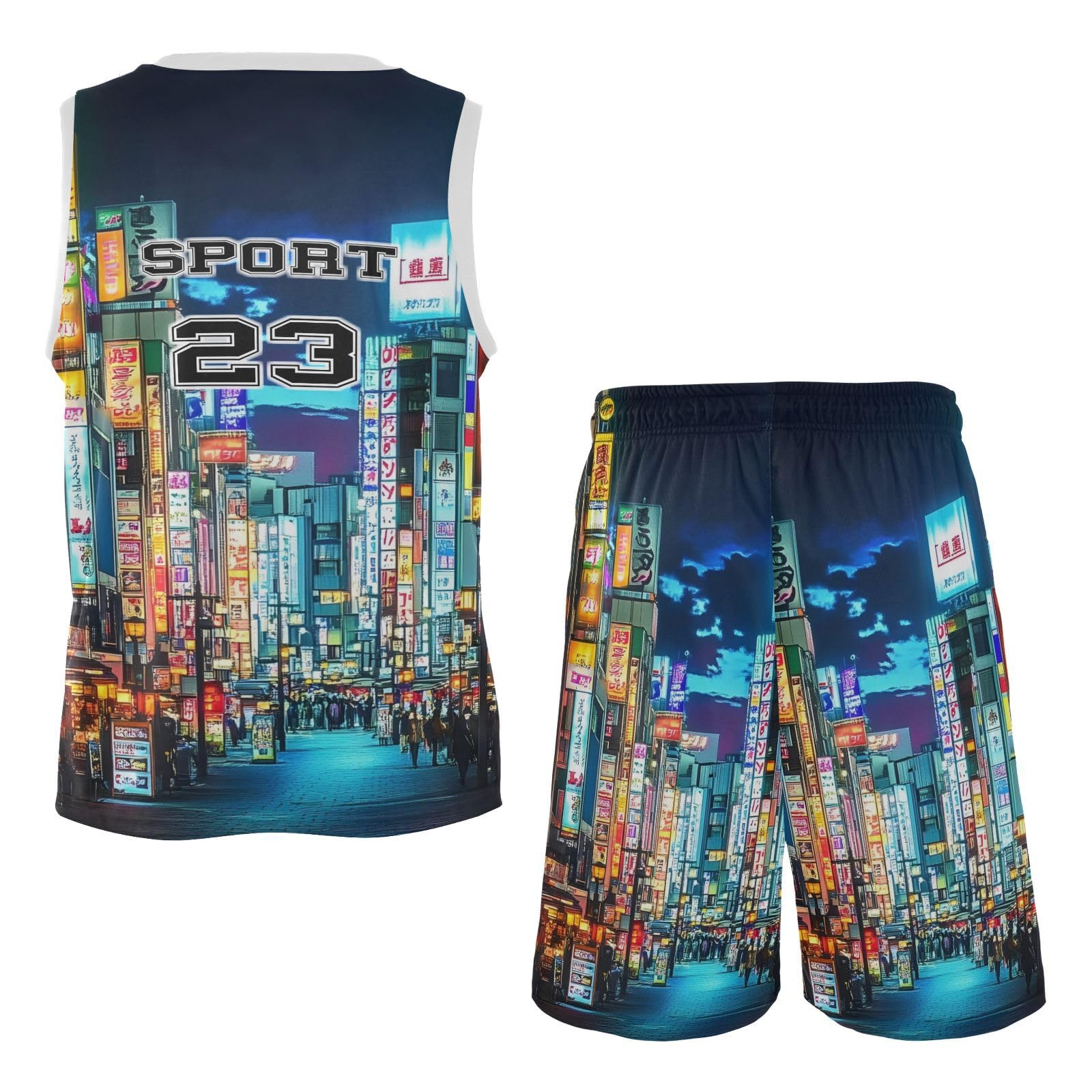 FLildon Japanese Neon Punk Futuristic City Boys Basketball Jersey Set Tank Top Shorts Tracksuit Sport Training Suit for Kids, L