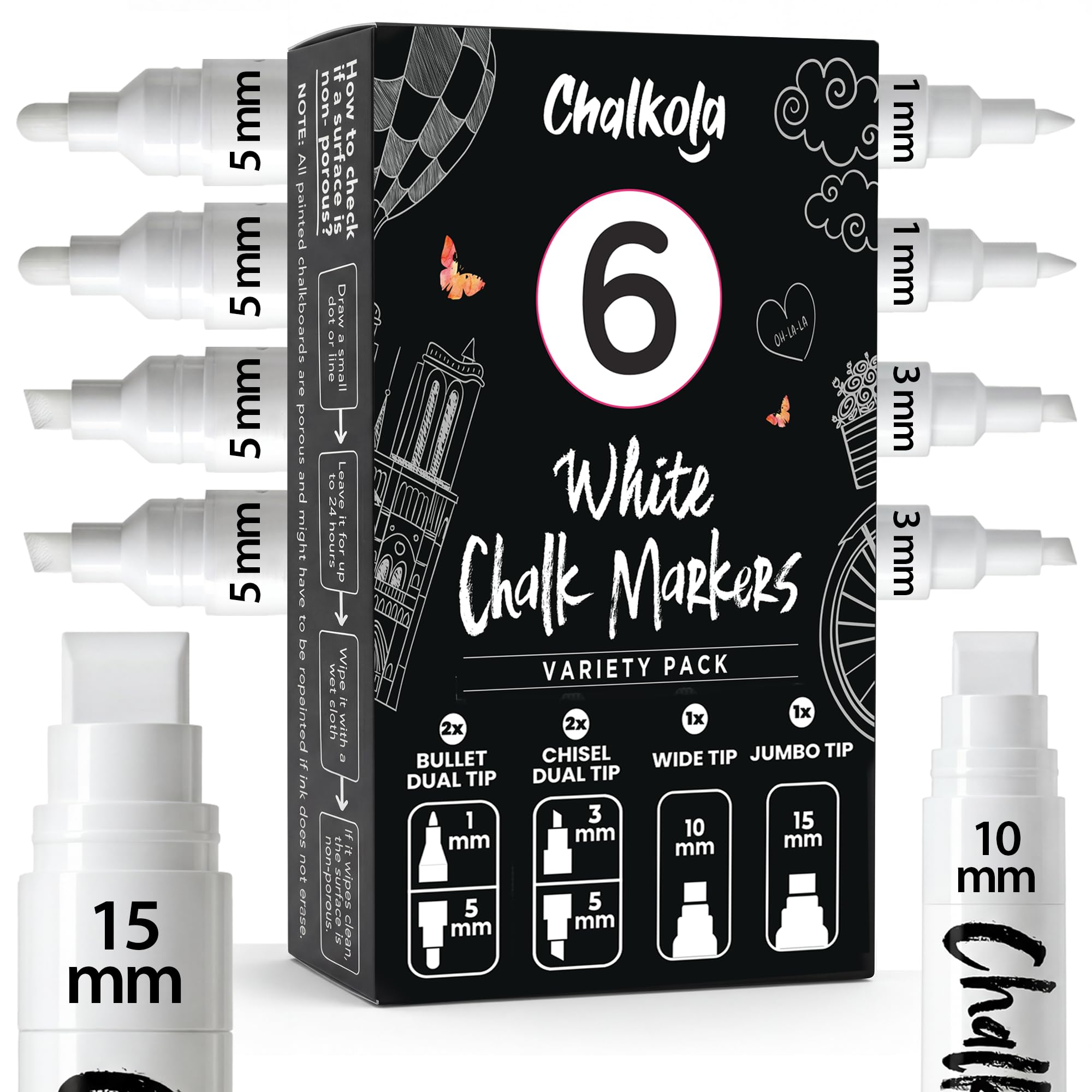 Chalkola 6 White Chalk Markers - Bullet & Chisel Dual Tip (1mm, 3mm, 5mm, 10mm, 15mm) | Erasable Liquid Chalk Pens for Blackboard, Car Window, Bistro, Glass | Washable Chalkboard Markers