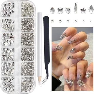 3D Crystal Clear Glass Nail Art Rhinestones Kit Multi Shapes Flatback Silver Rhinestones Gems Round Diamond Jewels Beads with Wax Pencil Tweezer for Face Eyes Makeup Manicure Crafting
