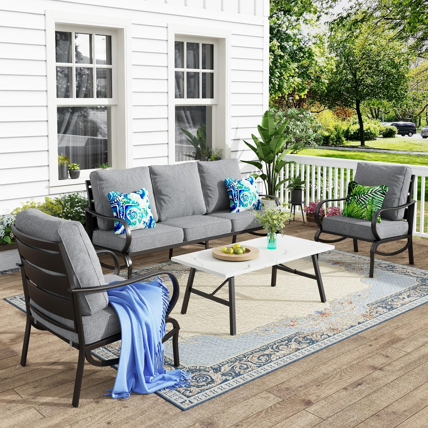 MFSTUDIO 4 Pieces Patio Conversation Set, 5 Seats Metal Patio Furniture Sets with 1 x 3-Seat Sofa, 2 Single Chairs,1 Coffee Table, All Weather Steel