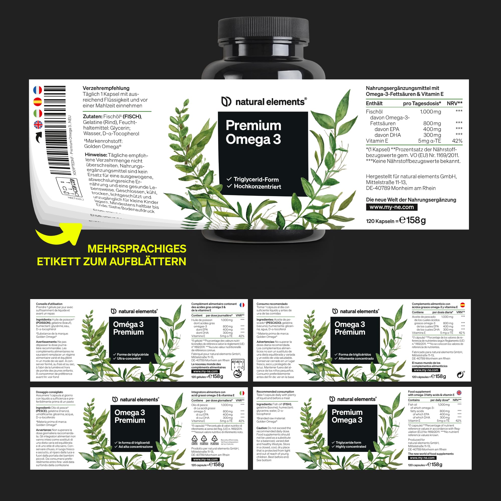 natural elements Premium Omega 3 – 120 Kapseln – GoldenOmega® mit 80% Omega 3 Anteil – in Triglycerid-Form – Laborgeprüft, aufwendig aufgereinigt und aus nachhaltigem Fischfang - ohne unnötige Zusätze