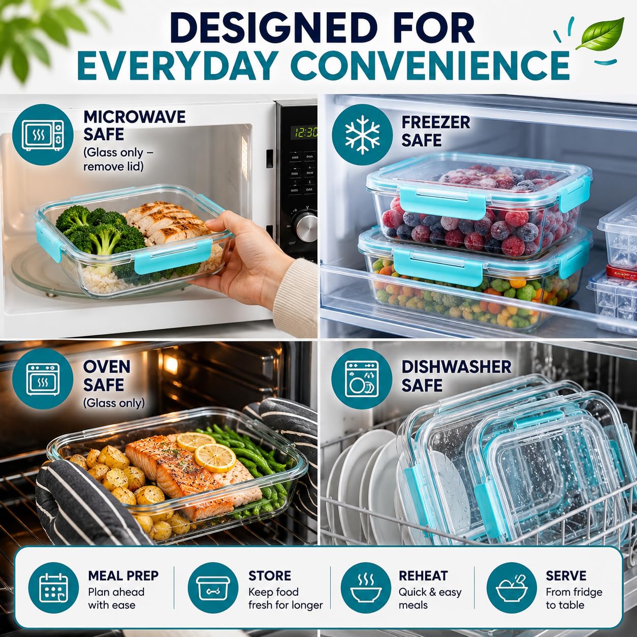 Confezione da 4 contenitori in vetro per la preparazione dei pasti con coperchio, 1040 ml, grandi contenitori per alimenti in vetro, ermetici, senza BPA, adatti a microonde, congelatore e