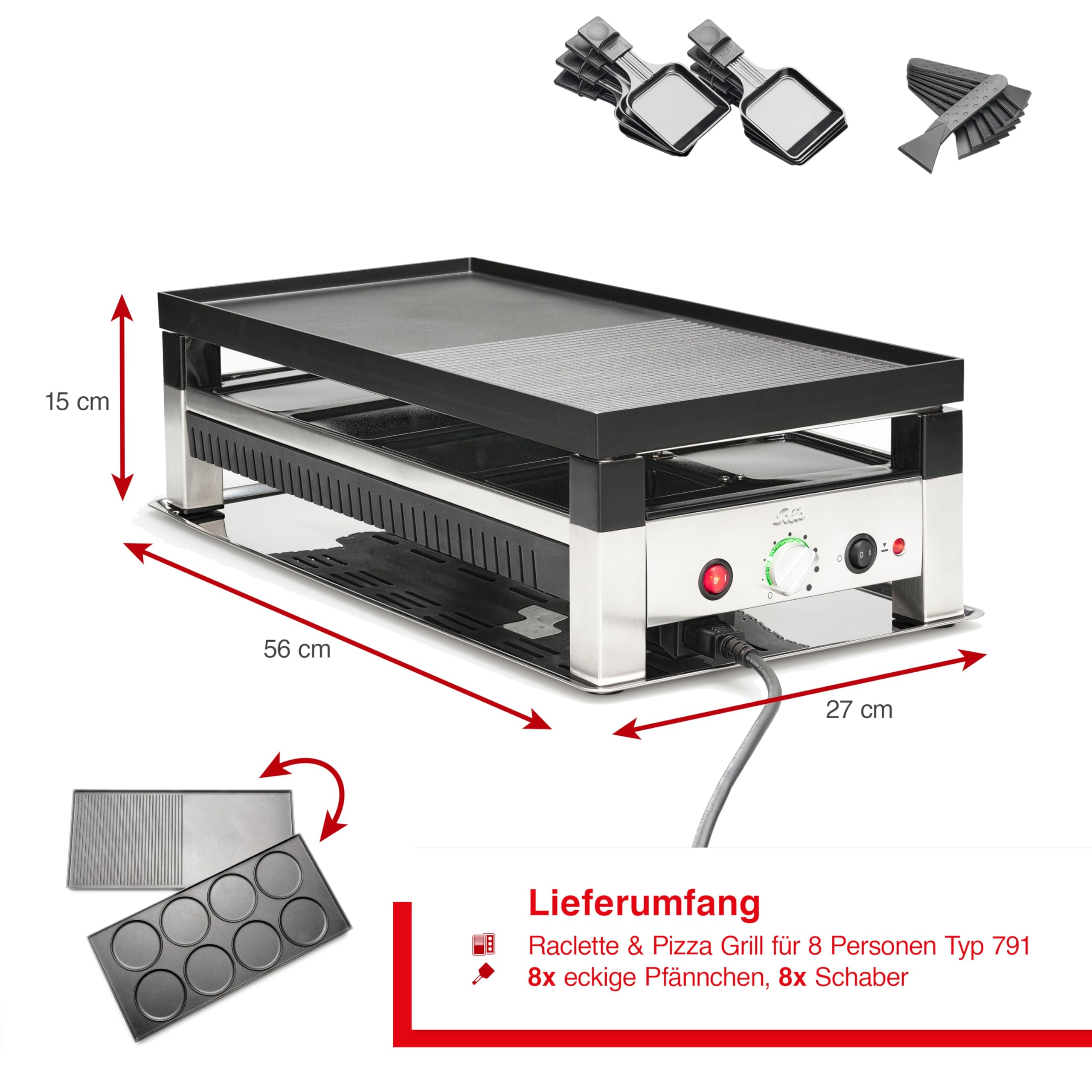 Solis Raclette Tischgrill 4-in-1 mit Grillplatte & Crêpe-Funktion | 1200W Ober- & Unterhitze, Antihaft, 8 Pfännchen, Mini-Pizza, für Familie & Freunde