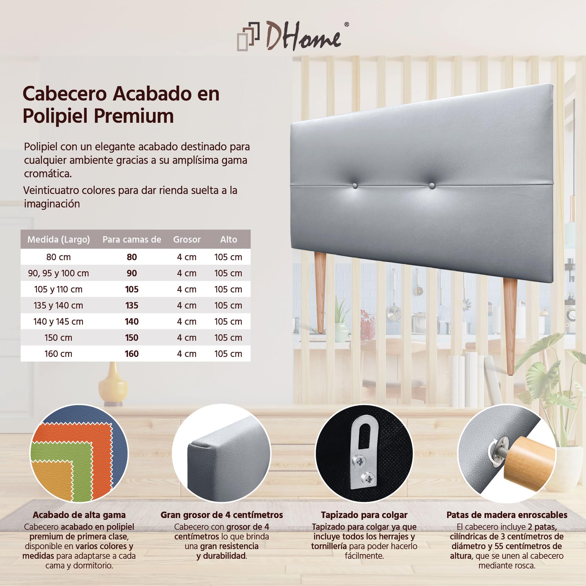 DHOME Cabecero de Polipiel o Tela AQUALINE Pro cabeceros Cabezal tapizado Cama Lujo (Polipiel Plateado, 95x105cm con Patas (Camas 70/80/90))