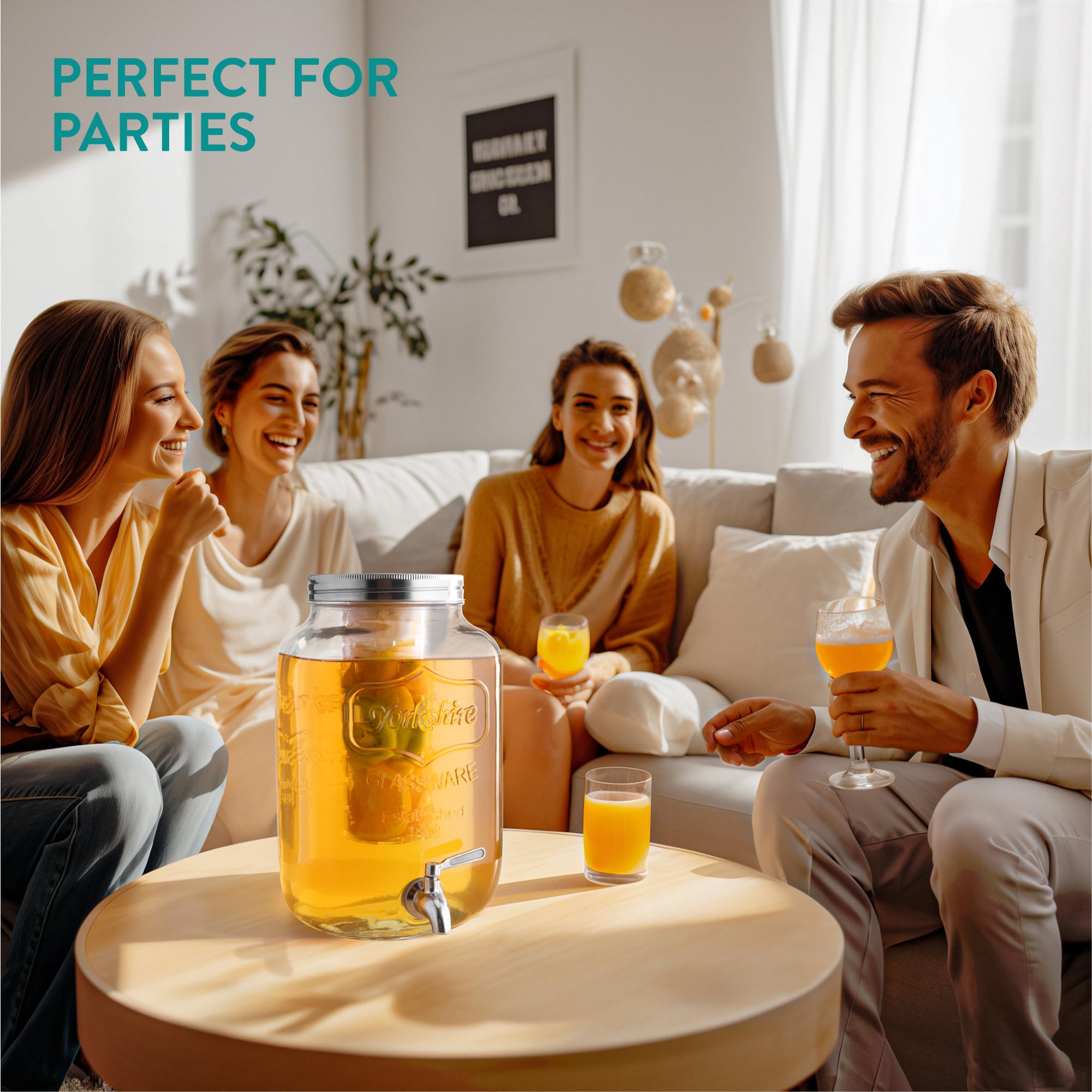 Navaris Distributeur de Boissons avec Robinet - Distributeur Boisson 8 L en Verre avec Couvercle et 2X Insert - Fontaine Eau Cocktail Jus Alcool
