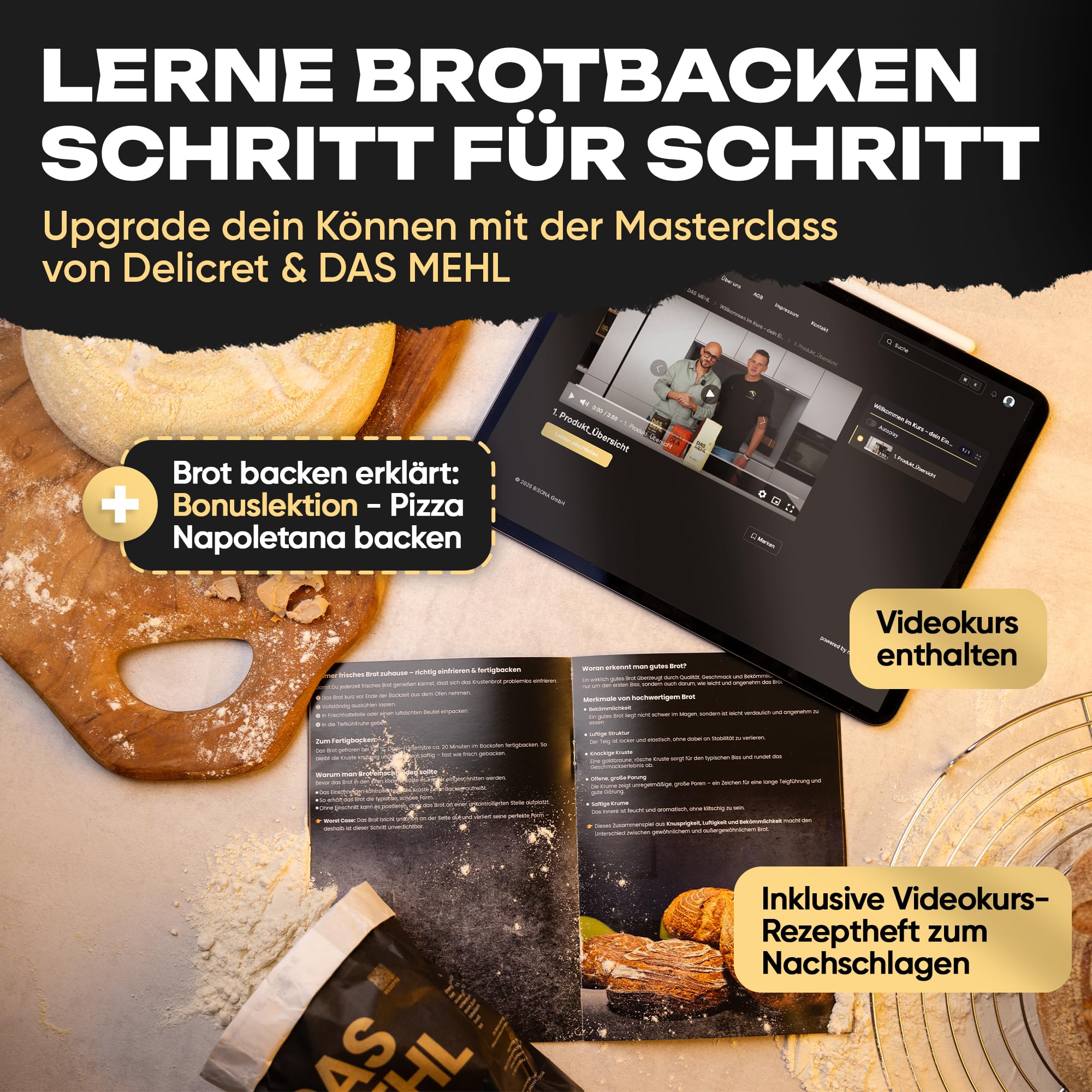 Delicret Premium Brotback Set für Weizenbrot mit Zutaten & Gusseisentopf