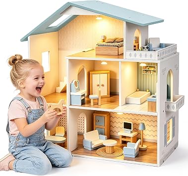 Pterying Wooden Dollhouse for Girls, 29 Furniture, Natural Wood, Ages 3+ | 6 Rooms, Easy Assembly, Pretend Play Toy, Fits 4-6 Inch Dolls, Ideal Creative Gift