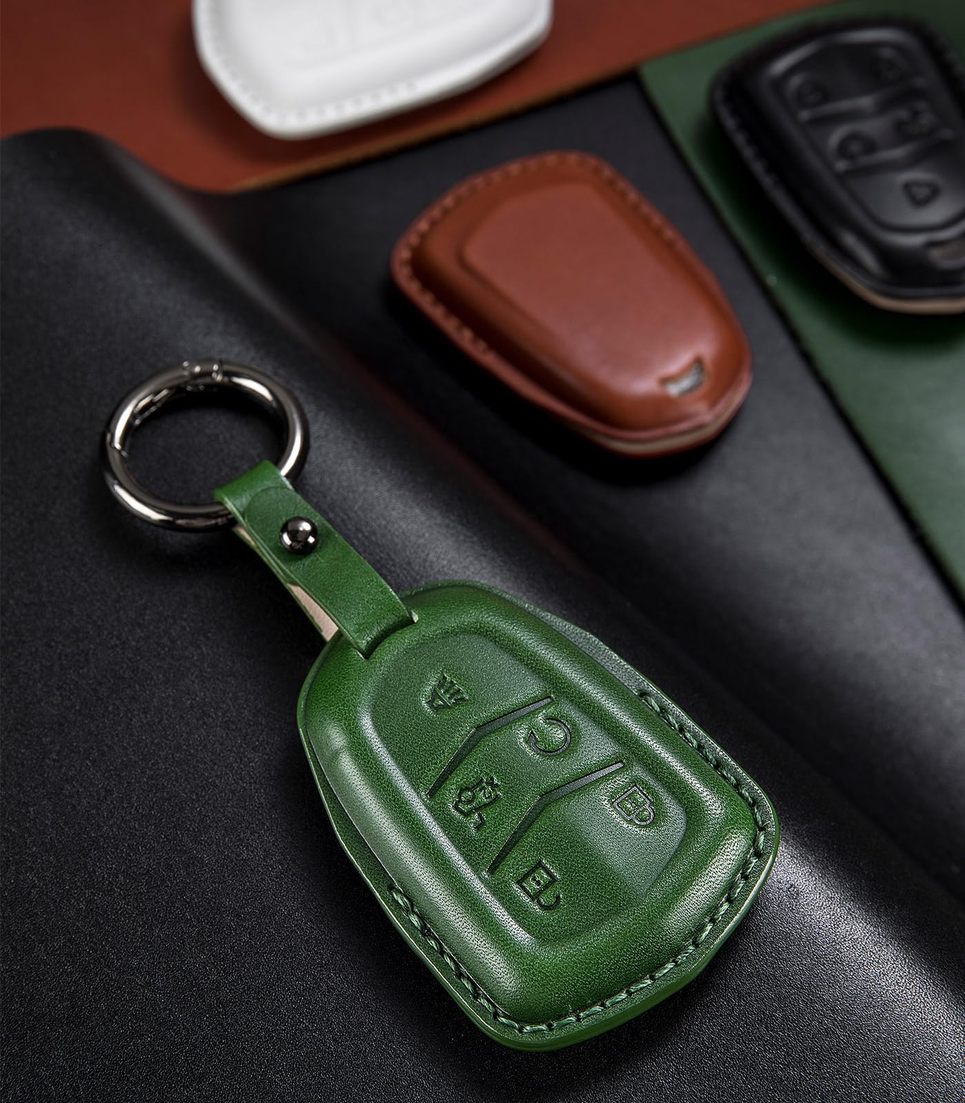 Cadillac Key Fob Cover For 2015-2019 CTS, SRX, XT5, ATS, STS, CT6 - Genuine Leather, 5-Button, Includes Key Clip