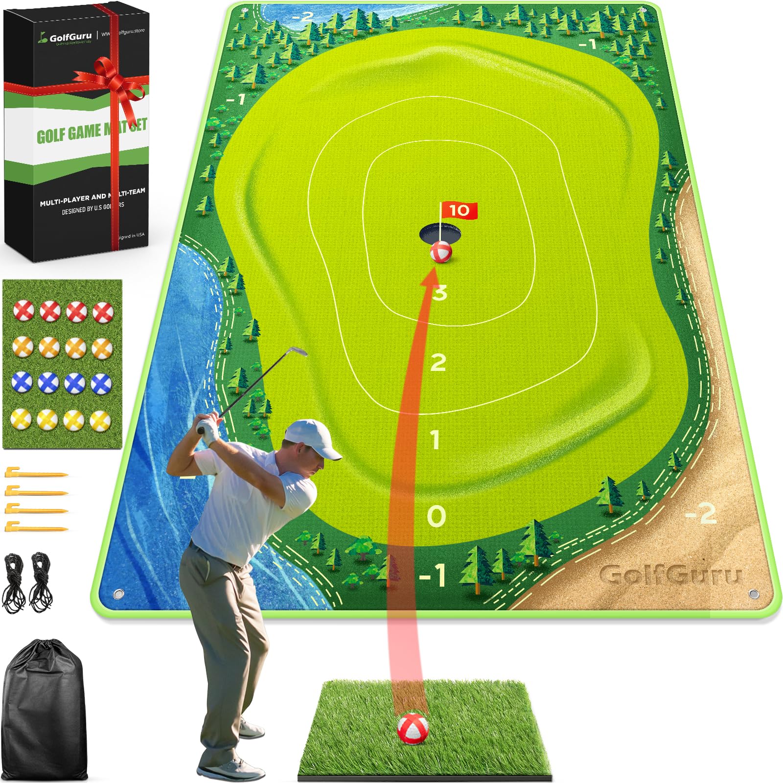Photo 1 of Golfguru Golf Chipping Game, 3 in 1 Golf Chipping Game Mat with Golf Mat, 16 Golf Balls, 4 Ground Stakes, Indoor Golf Game for Adults Kids, Golf Training Equipment, Golf Gifts Accessories for Men