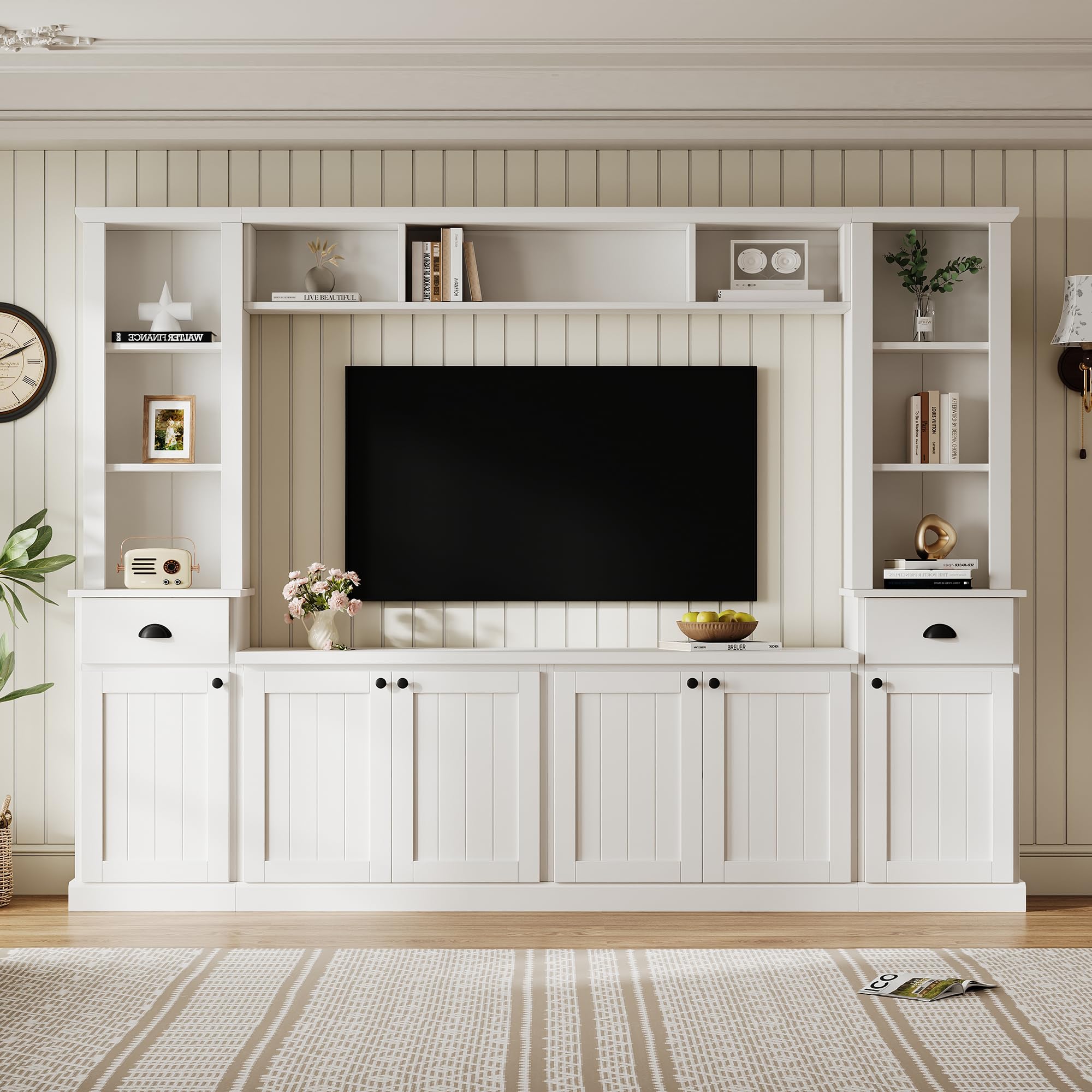 View 1 of ***PARTIAL SET BOX 2 OF 3 ONLY***
LUMISOL 4-Piece Entertainment Center Wall Unit for TVs up to 75", Farmhouse Wall TV Stand with Adjustable Bookshelves, 2 Drawers & 6 Doors, Rustic Large Media Console for Living Room, White